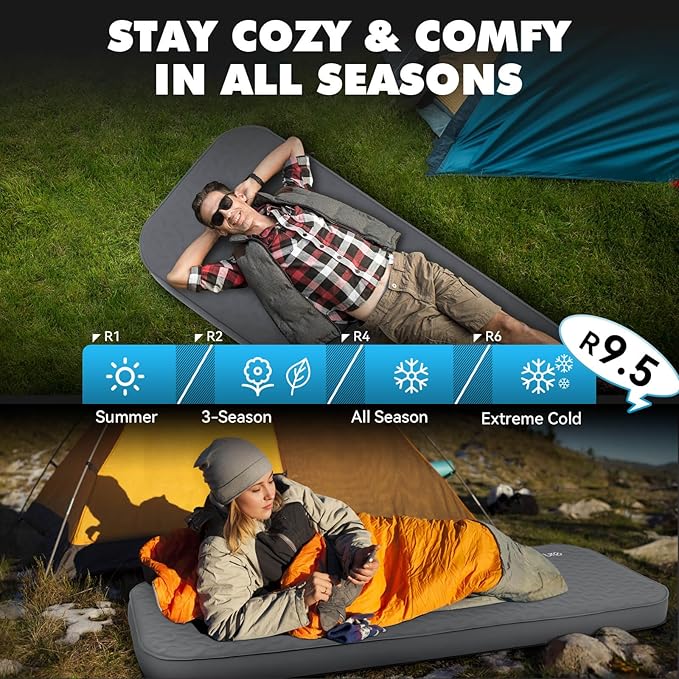 Hikenture 4" Thick Self Inflating Sleeping Pad, Ultralight Foam Camping Mattress, 9.5 R-Value Insulated Sleeping Mat with Pump Sack, Portable All Season Camping Pad for Tent, Car, Cot