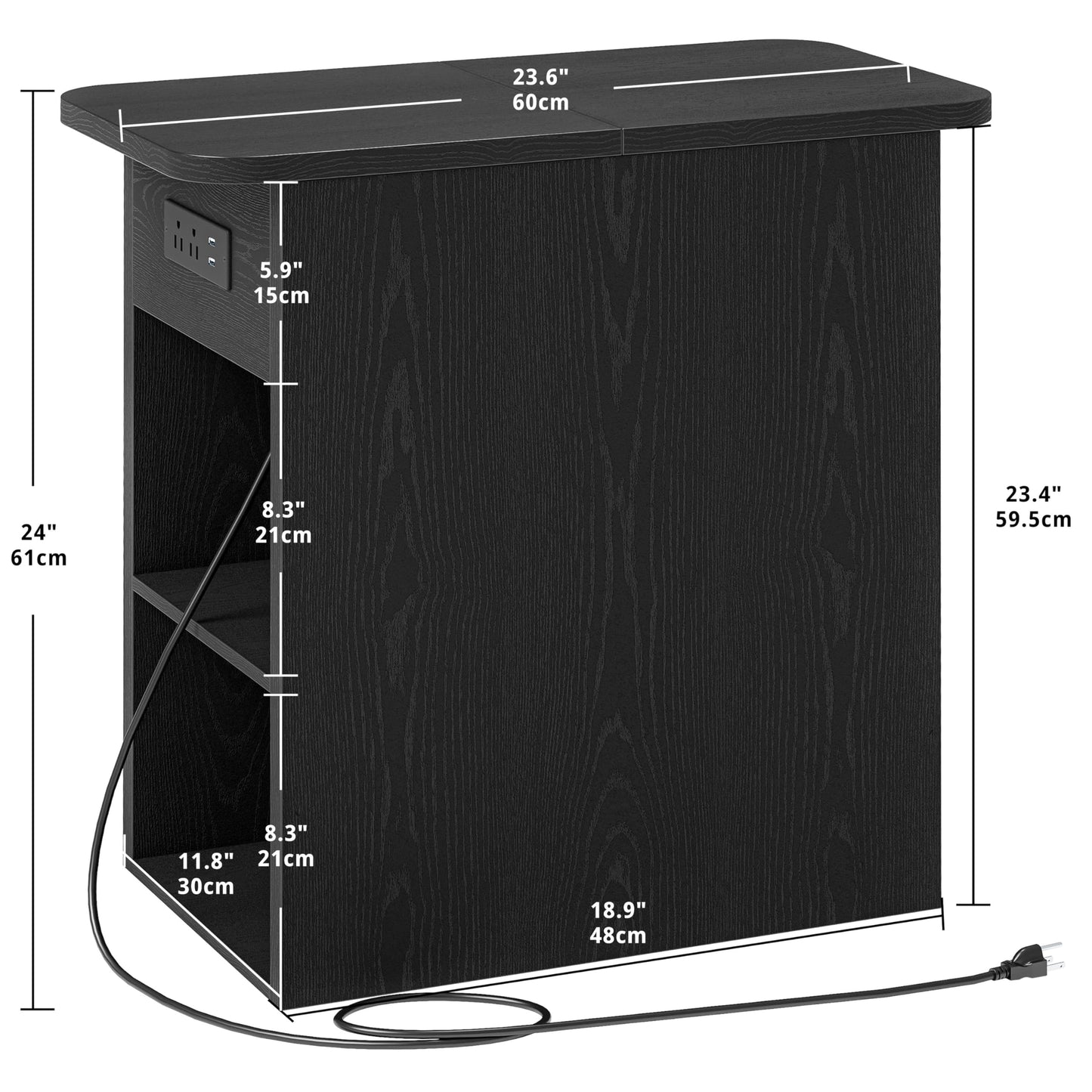 LIKIMIO Narrow Side Table, Small End Tables with Flip Top Storage and Plug for Living Room, Sofa Couch, Small Space, Narrow Nightstand with Charging Station, Vintage Black