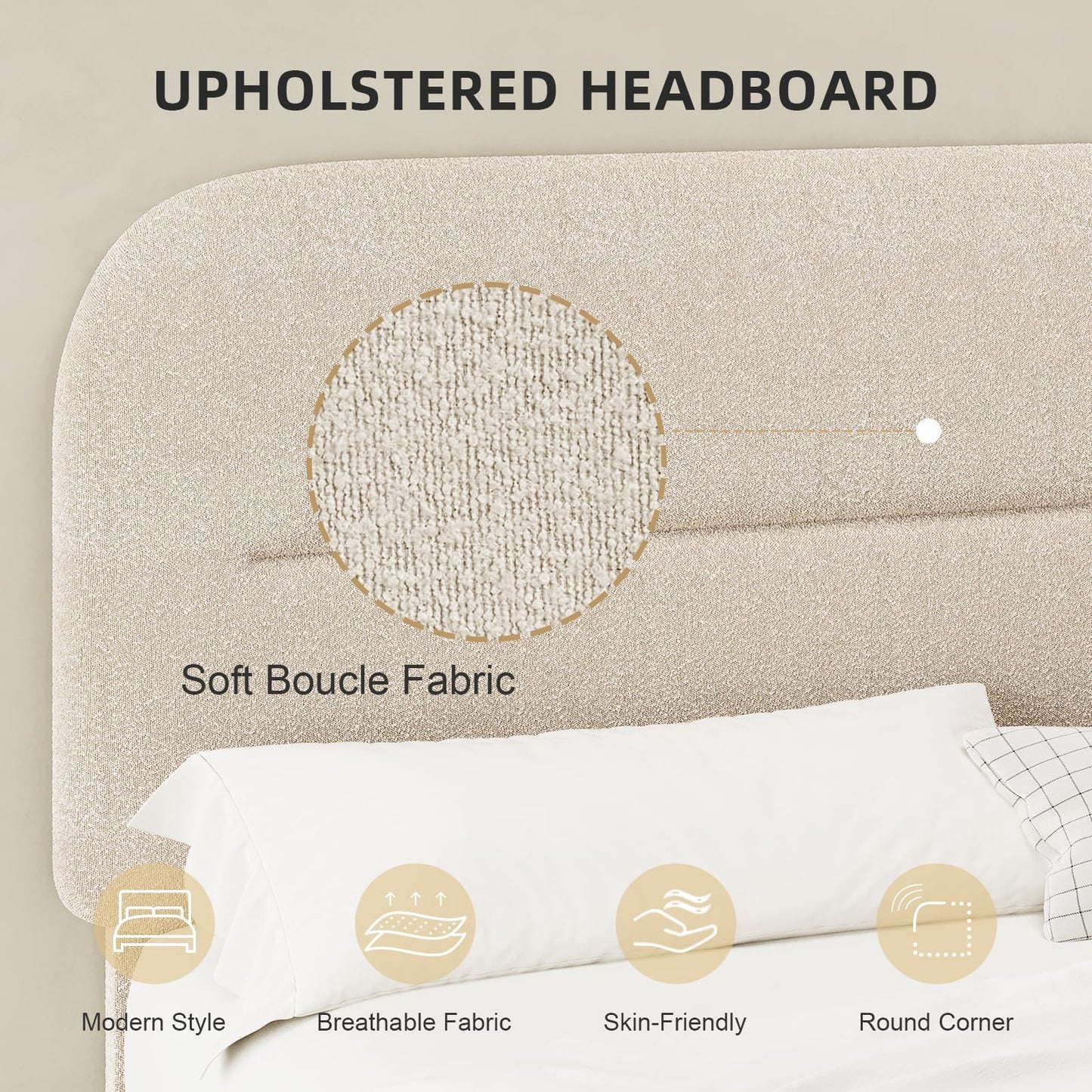 Twin Size Boucle Bed Frame, Upholstered Bed Frame with Headboard, Twin Bed Frames for Kids, Thickened Footboard/Rounded Corners/Adjustable Headboard/No Box Spring Needed/Easy Assembly, Beige
