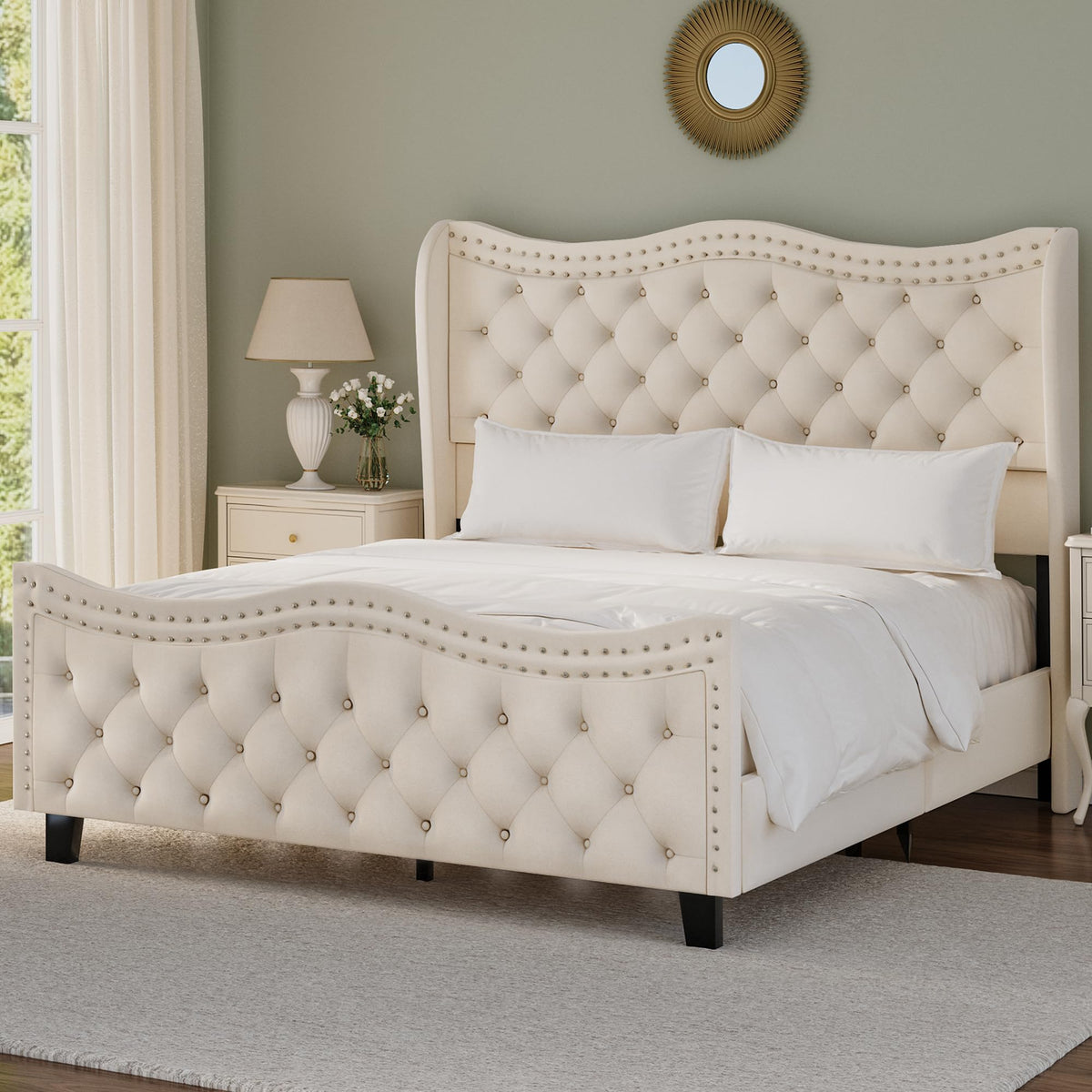 RIHHA Cream Queen Size Upholstered Platform Bed Frame with 50'' Tall Velvet Tufted Curved Wingback Headboard, Wooden Slats, Noise-Free, No Box Spring Needed, Easy Setup