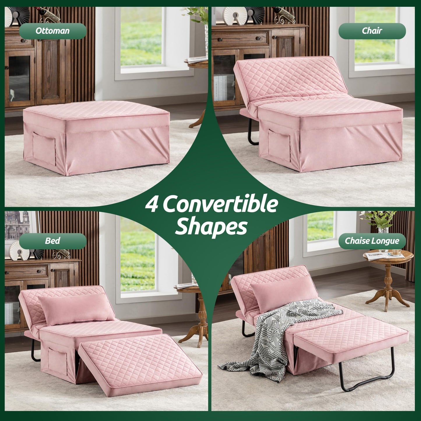 BIGSYY Sofa Bed, 4 in 1 Multi-Function Folding Ottoman Breathable Velvet Couch Bed with Adjustable Backrest Modern Convertible Chair for Living Room Apartment Office,Squared-Pink