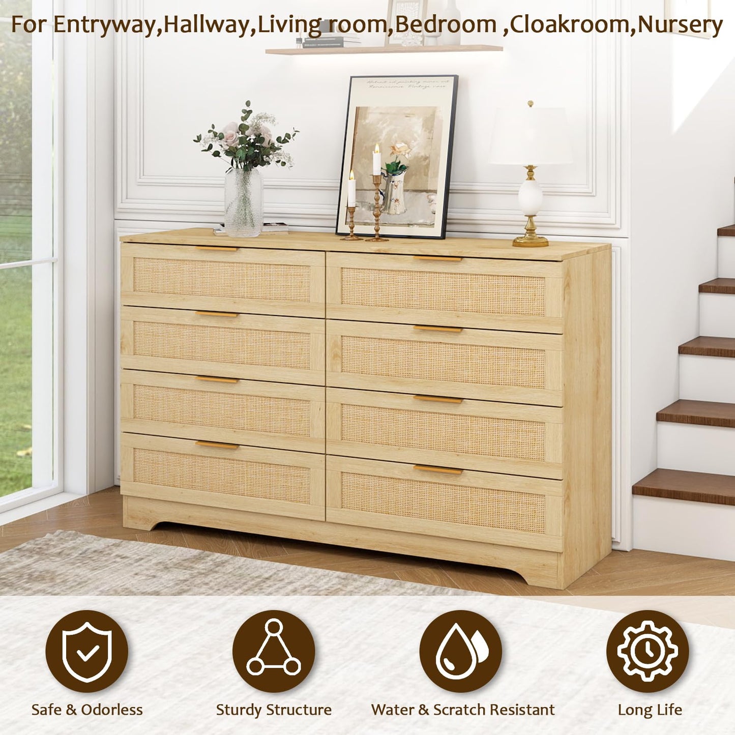 HOPUBUY 8 Drawer Dresser for Bedroom, Rattan Modern Closet Dressers Chest of Drawers, Boho Wood Double Wicker Dresser Storage Closet for Bedroom, Living Room, Entryway (Natural)