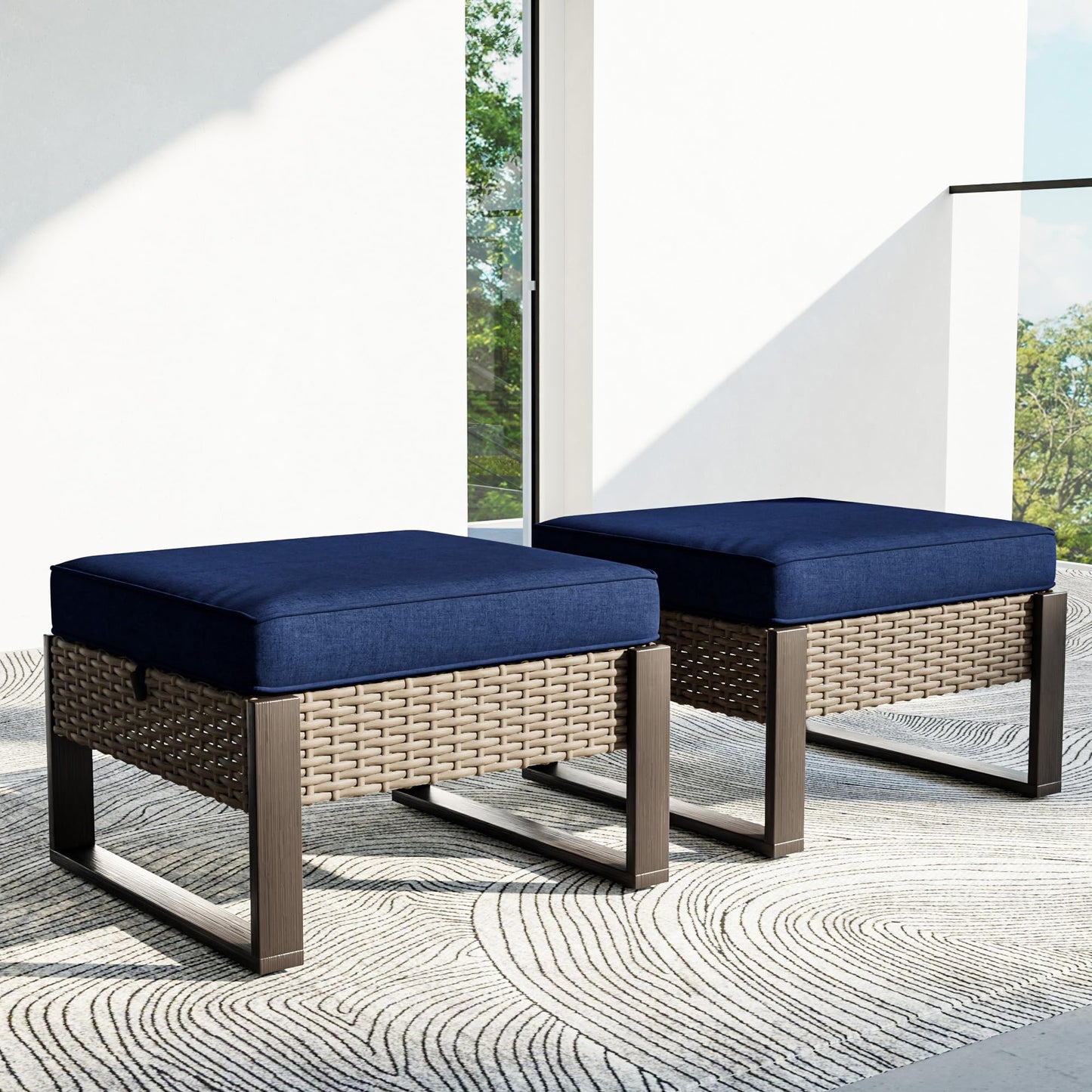 MaxMulti Patio Ottomans Set of 2, Outdoor Wicker Footrest with Thickened Cushions, Multipurpose Metal Patio Furniture for Outdoor, Backyard and Deck Use (Blue)