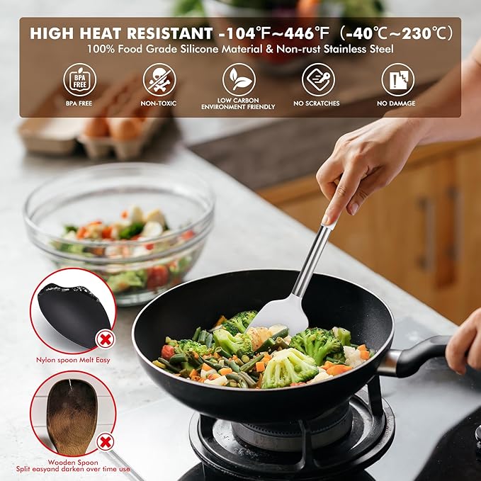 HOTEC Heat Resistant Silicone Kitchen Utensils, Cooking Utensil Set, Spatula Set, BPA Free, Kitchen Gadgets, Utensils Holder, Dishwasher Safe, 14pcs White
