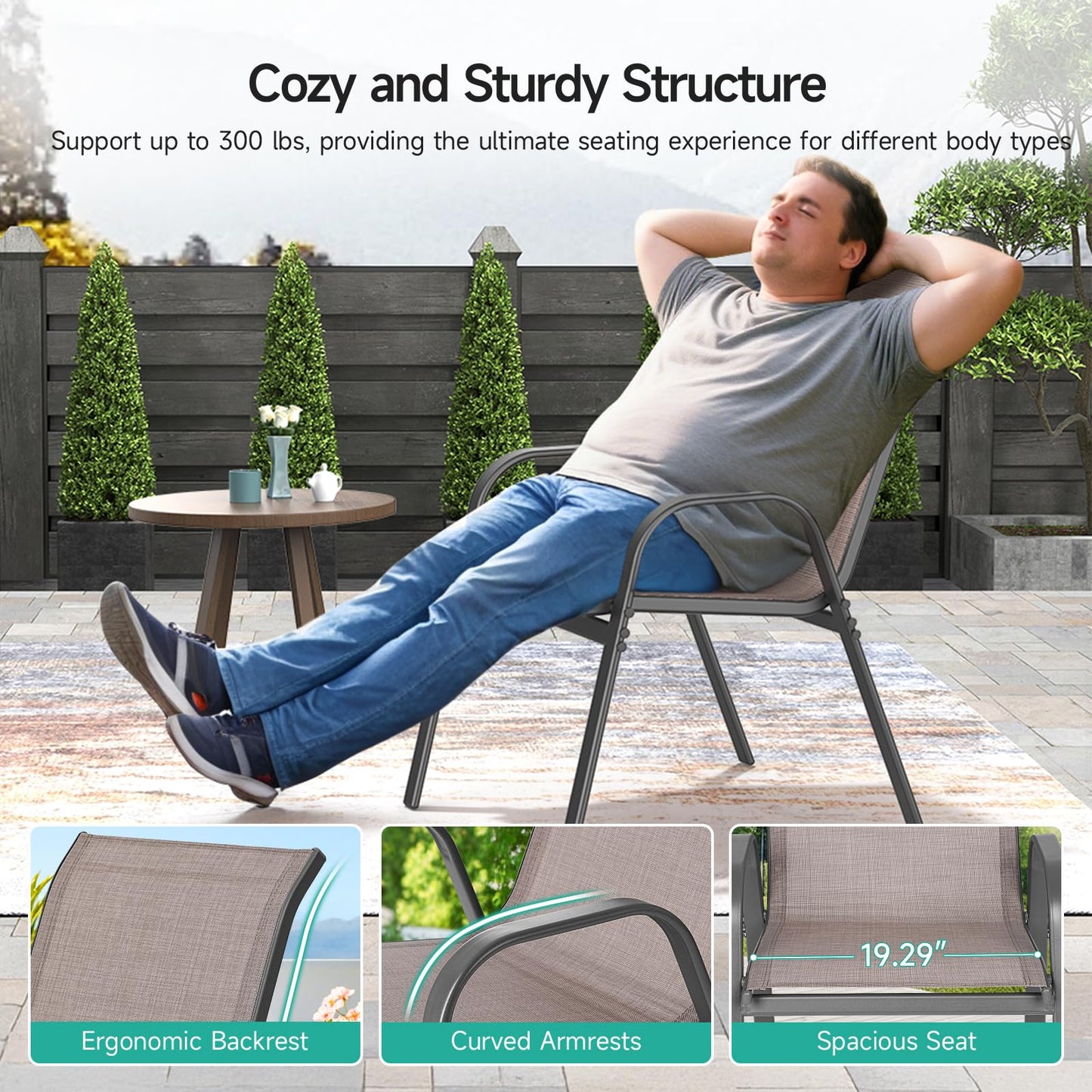 Dovov Patio Chairs Set of 4, Easily Set Up Stackable Outdoor Dining Chairs with High Back and Wide Seat, All Weather Breathable Outdoor Chairs Set of 4 with Metal Frame for Backyard Deck Pool, Brown