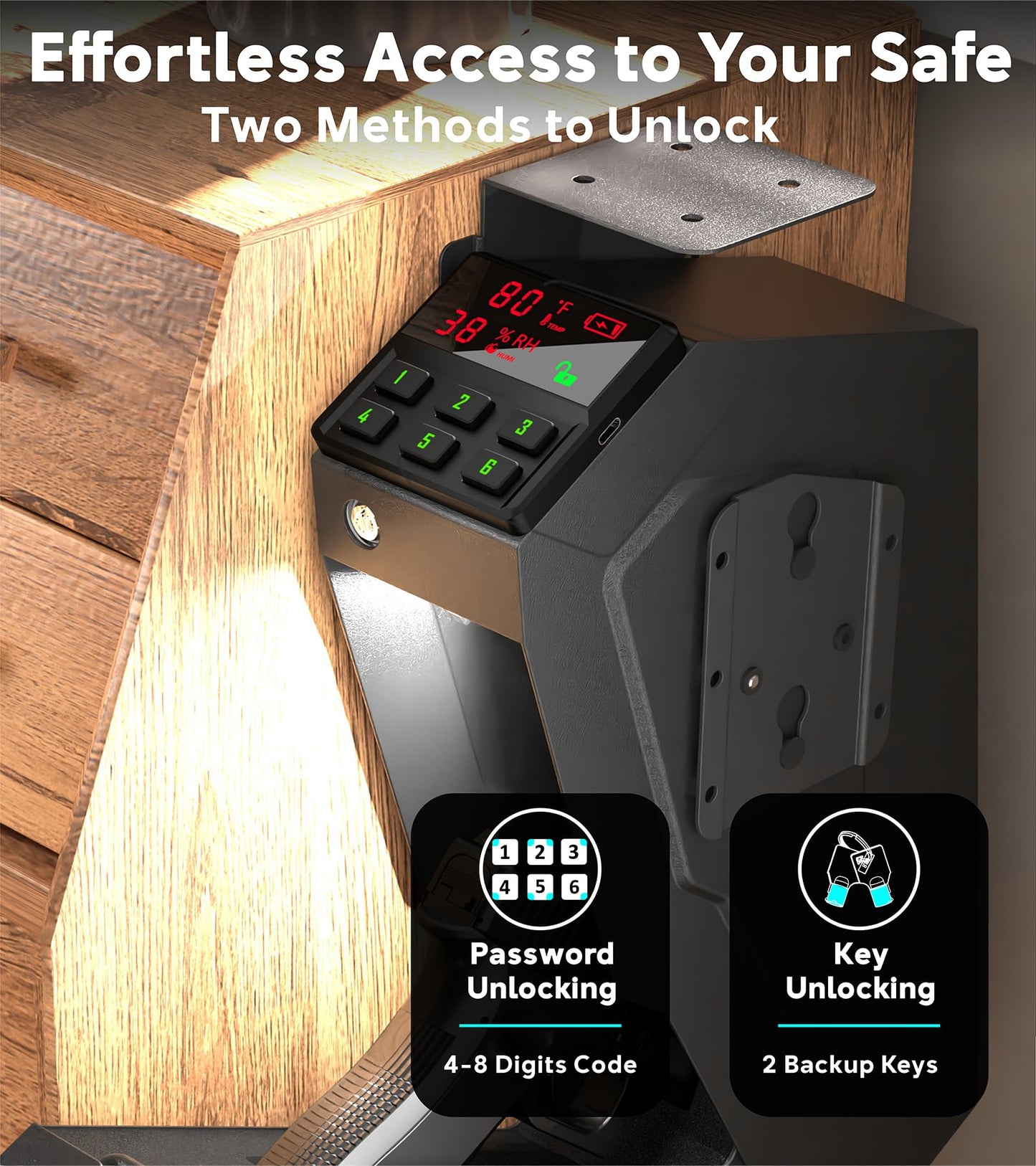 QINGENO Quick-Access Mounted Nightstand Handgun Gun Safe,Auto Open Lid Smart Pistol Safe with Keypad Lock/Key Lock (QG8002E Keypad)