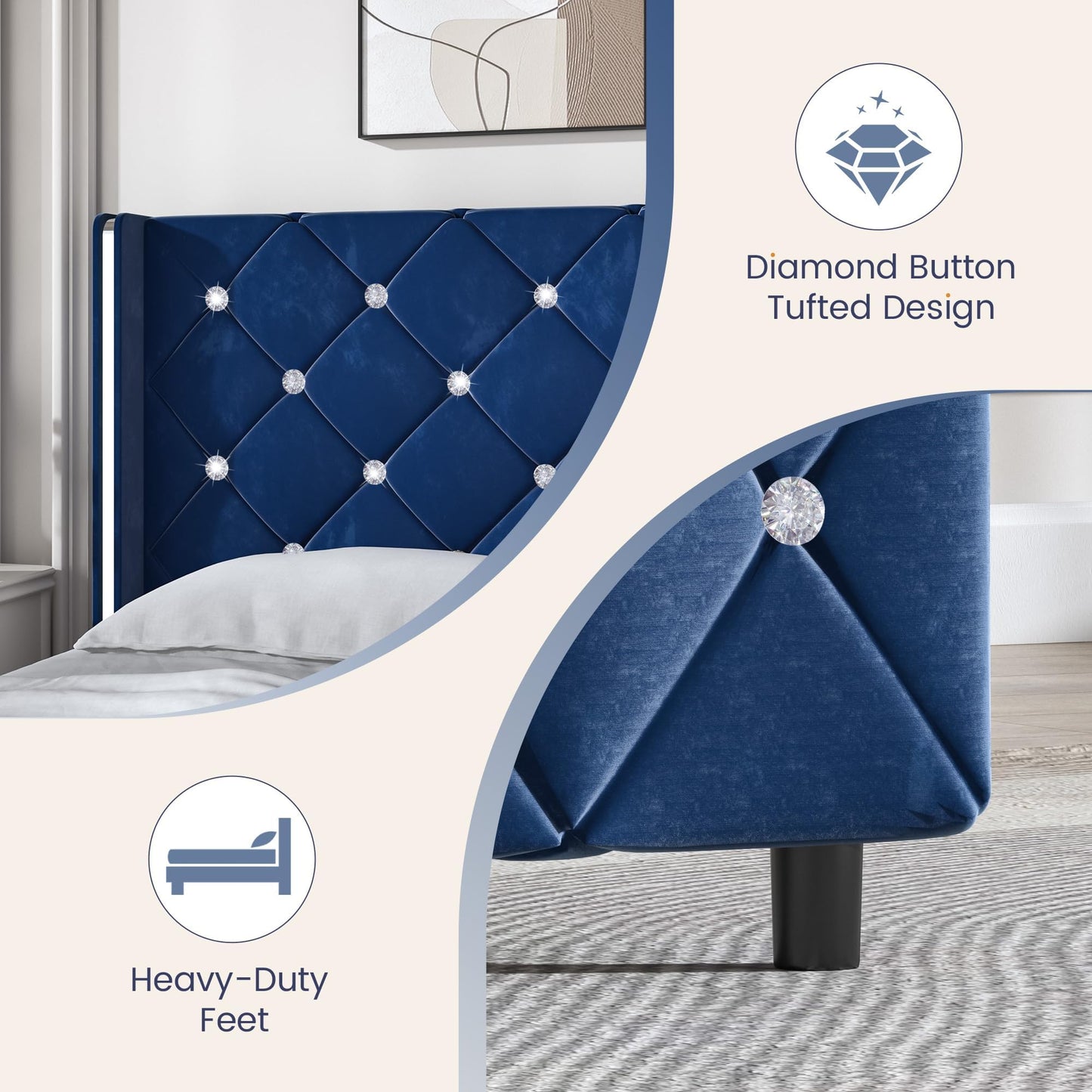 HOMBCK King Bed Frame with Headboard, Velvet Upholstered Bed with Diamond Tufted Design Design, Modern King Size Bed with Wingback, No Box Spring Needed, Easy Assembly, Blue