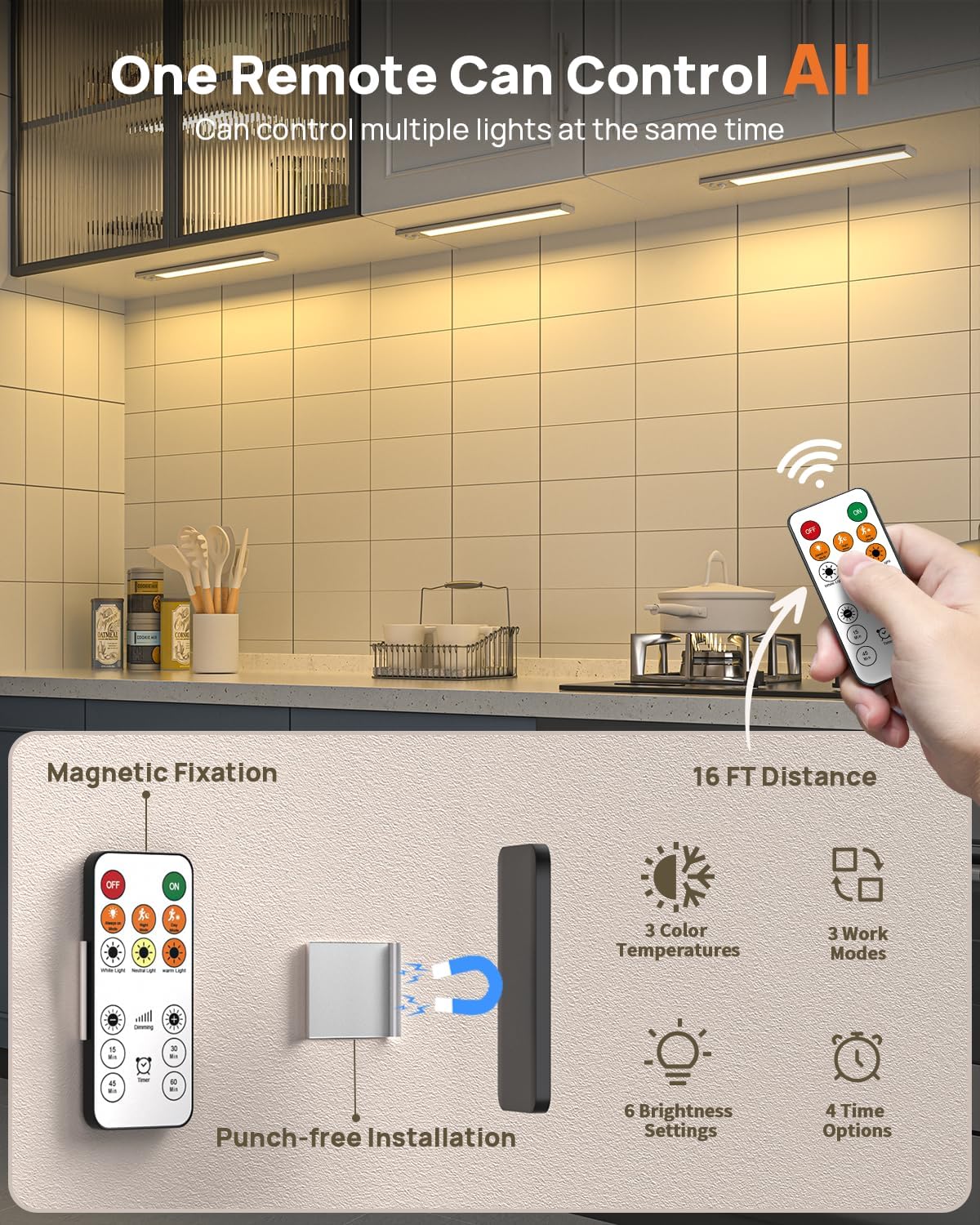 16inch Under Cabinet Lighting Wireless 4 Pack, 4000mAh Rechargeable Motion Sensor Light Indoor, LED Closet Lights with Remote, 3 Color Temps Dimmable Magnetic Under Counter Lights for Kitchen, Stair