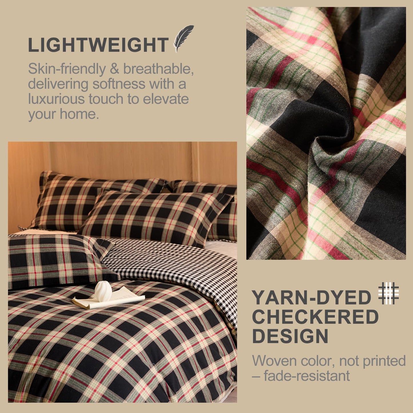 hadamick 100% Cotton Comforter Set Twin Size – Reversible Yarn-Dyed Checkered Design, Soft Washed Cotton on Both Sides, Lightweight All-Season Bedding, Machine Washable(Black Red Plaid, 68”x90”)