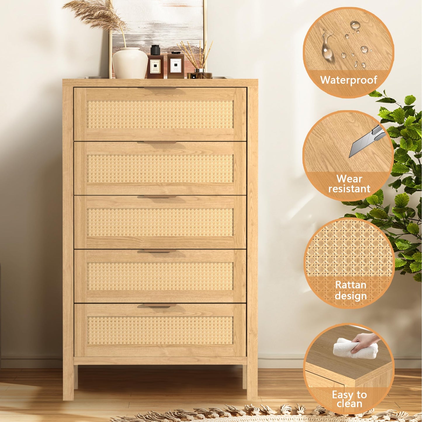 BTDWI Wood 5 Dresser for Bedroom, Wide Rattan Drawer with Gold Handle for Bed Room, Hallway, Rustic Oak