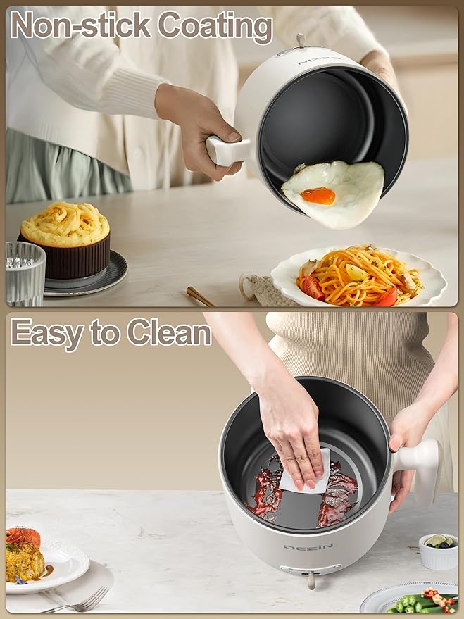 Dezin Electric Pot with Steamer, 1.8L Dual Power Ramen Cooker, Portable Non-Stick Hot Pot Electric for Soup, Pasta, Egg, Oatmeal, Overheat & Boil-Dry Protection, Ideal for Dorm, Office(Beige)