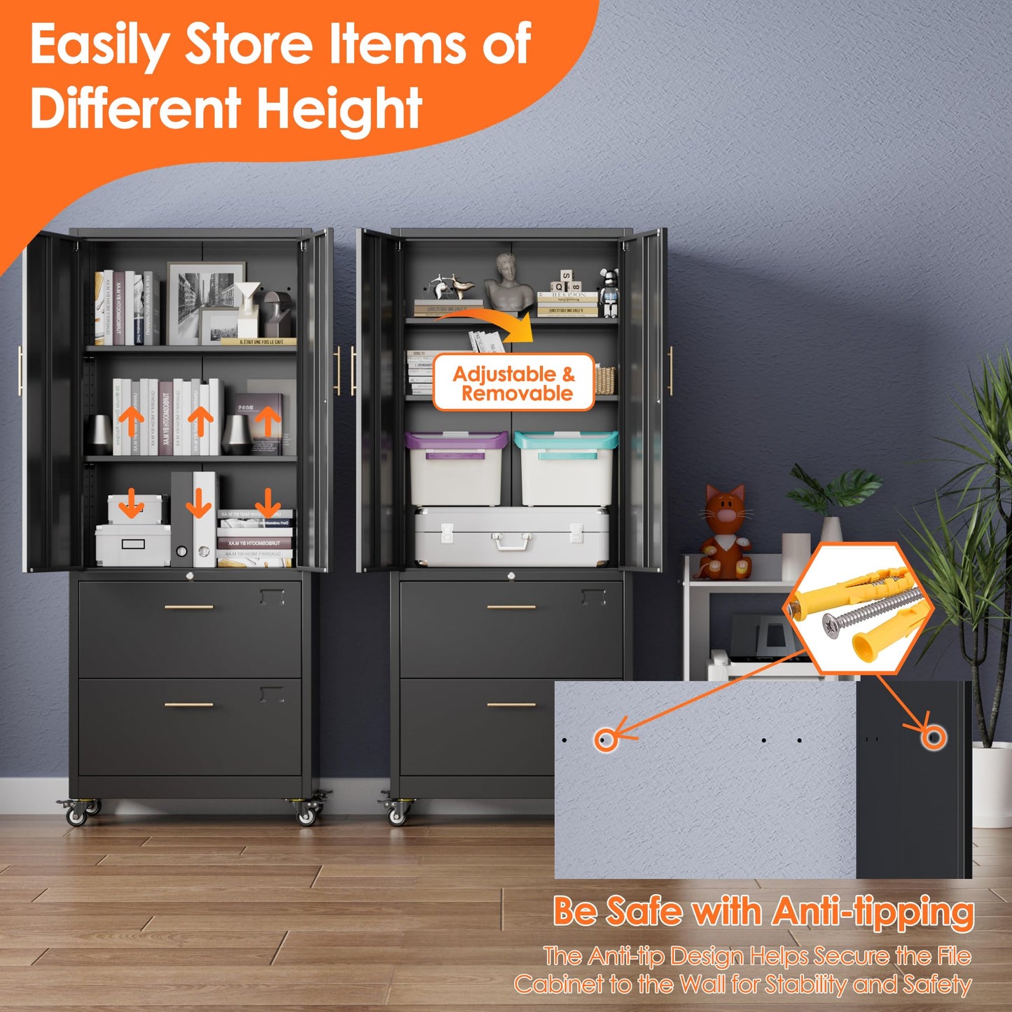 Aobabo Metal 2 Drawers Lateral File Storage Cabinet and Unit Adjustable Shelf Organizer, 2 Door Storage Office Steel Files Cabinet with Wheels, Legal/Letter A4 Size, Assembly Required, Black