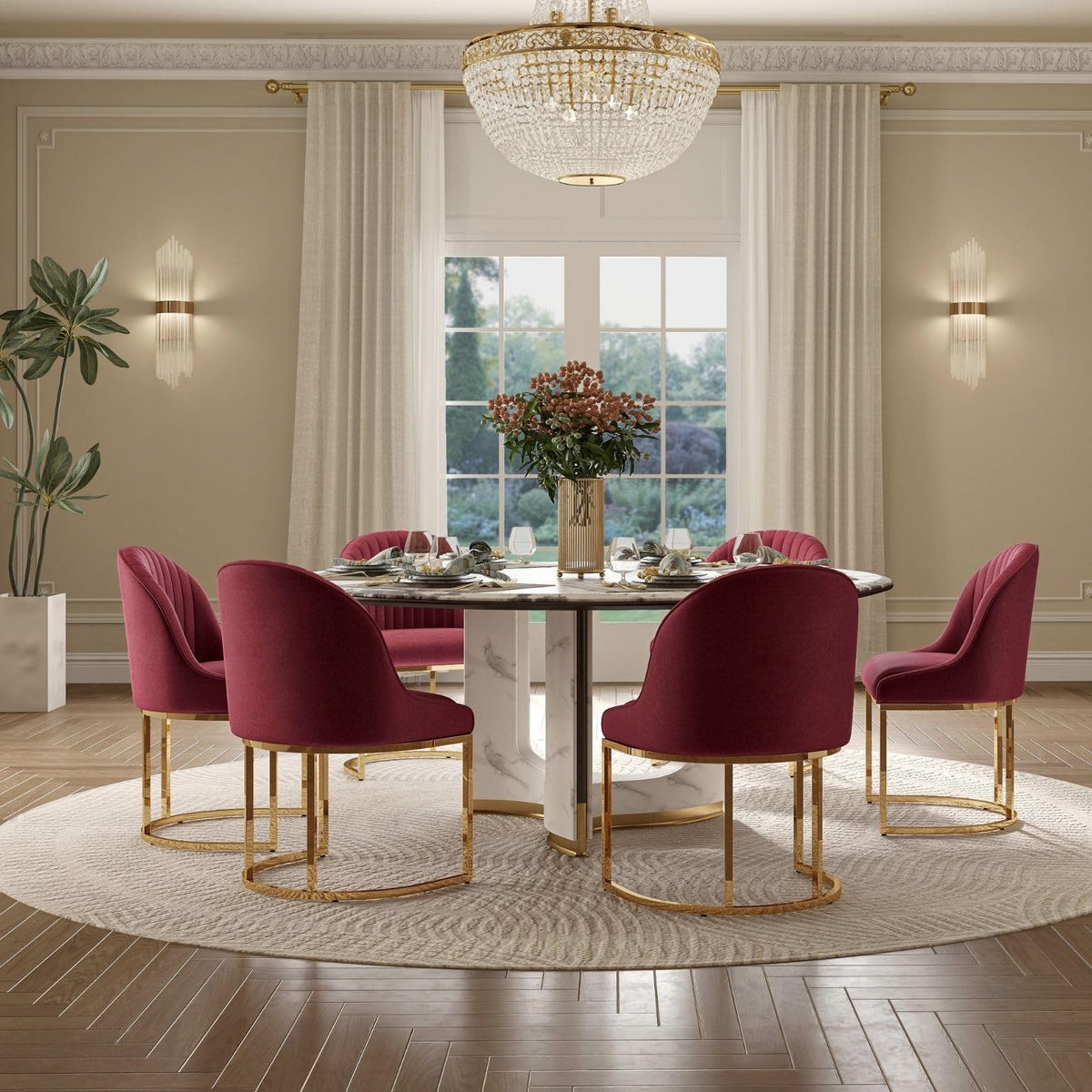 Hyfirm Wine Red Modern Dining Room Chairs Set of 4, Upholstered Kitchen Chairs with Gold Chrome Metal Legs, Round Back, Velvet Accent Stools for Kitchen & Dining Room