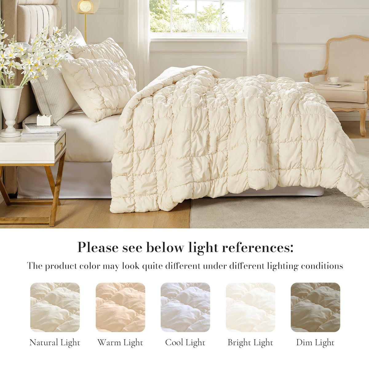 Amélie Home Beige Comforter Set King, Bubble Lightweight Bed Set King Size for All Seasons, 3 Pieces, Bedding Set with Comforters and Pillow Cases