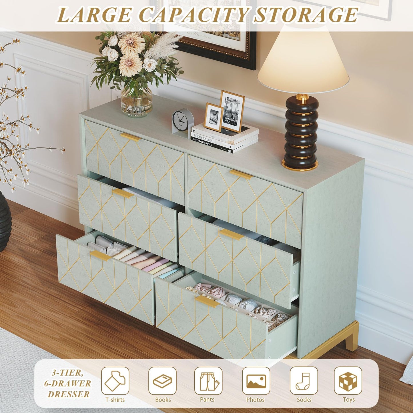 HLR Green Dresser with 6 Drawers,48" Modern Dresser Wide Chest of Drawers with Gold Lines Carved Design, TV Stand, Wood Dressers & Chest of Drawers for Bedroom, Living Room, Hallway