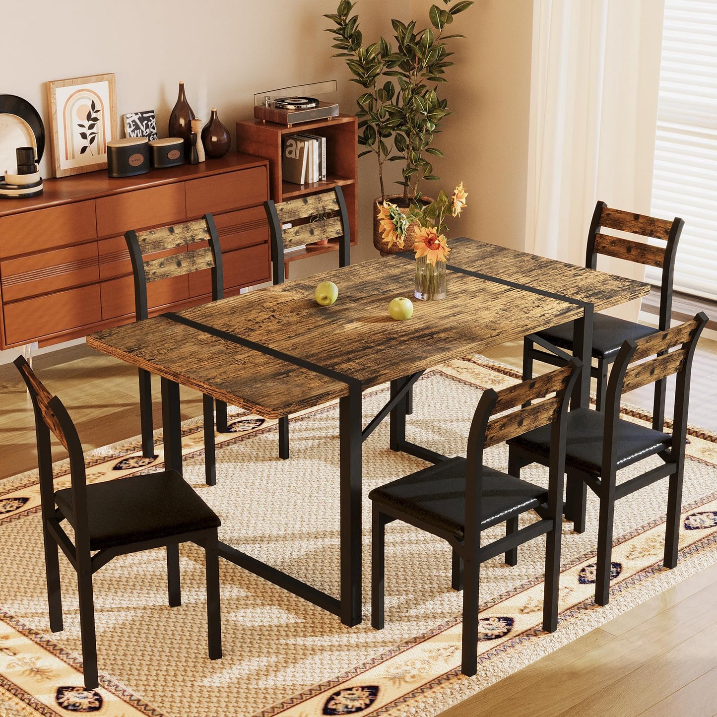 Recaceik Dining Table Set for 6, 55‘’ Wooden Dinner Table Set for 6 with Upholstered Dining Room Chairs, Farmhouse Kitchen Table and Chairs