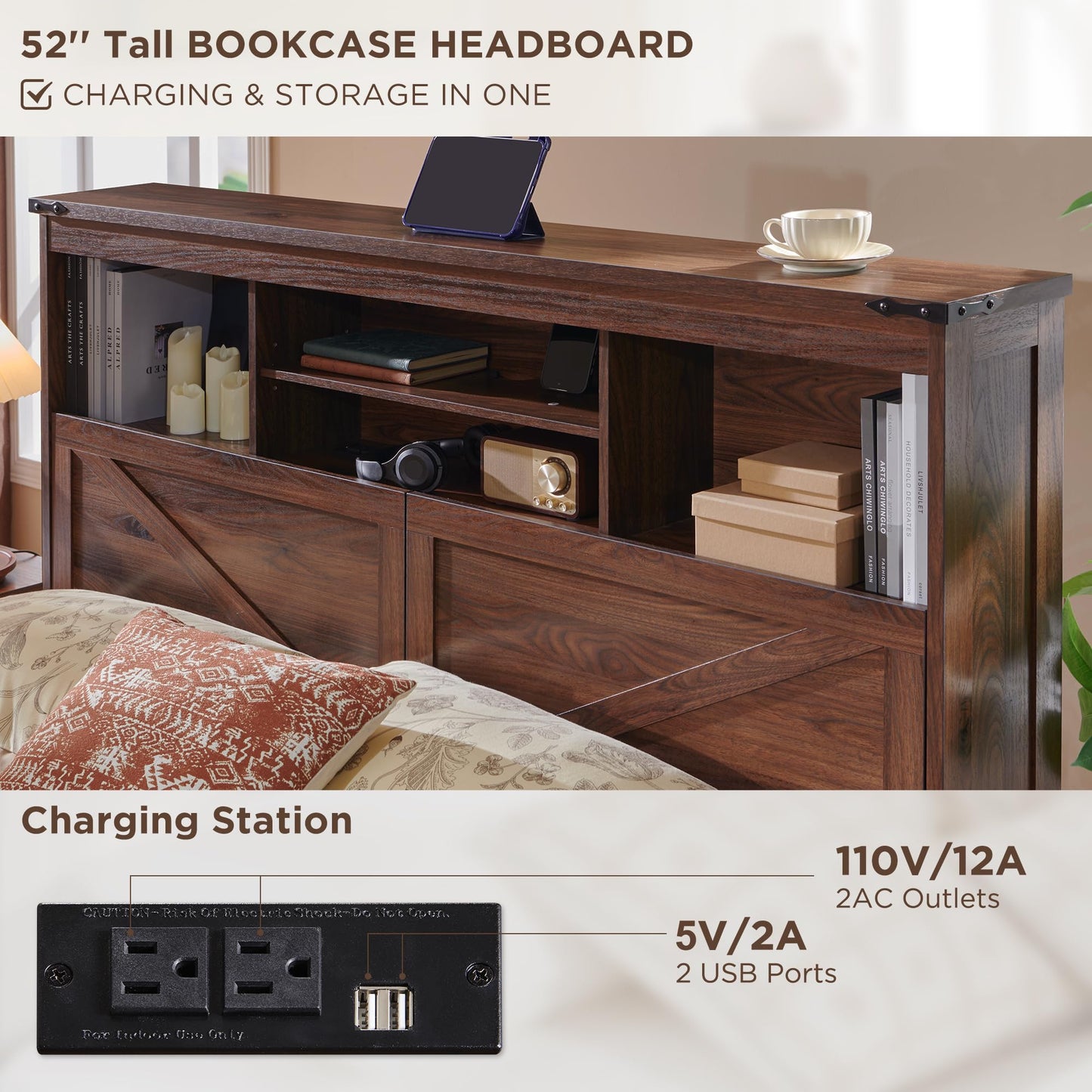 ACCOHOHO Queen Size Wood Bed Frame Farmhouse with 52" Tall Storage Bookcase Headboard, LED Light,Charging Station,4 Drawers and Solid Wood Slats Support,Noiseless,No Box Spring Needed - Brown