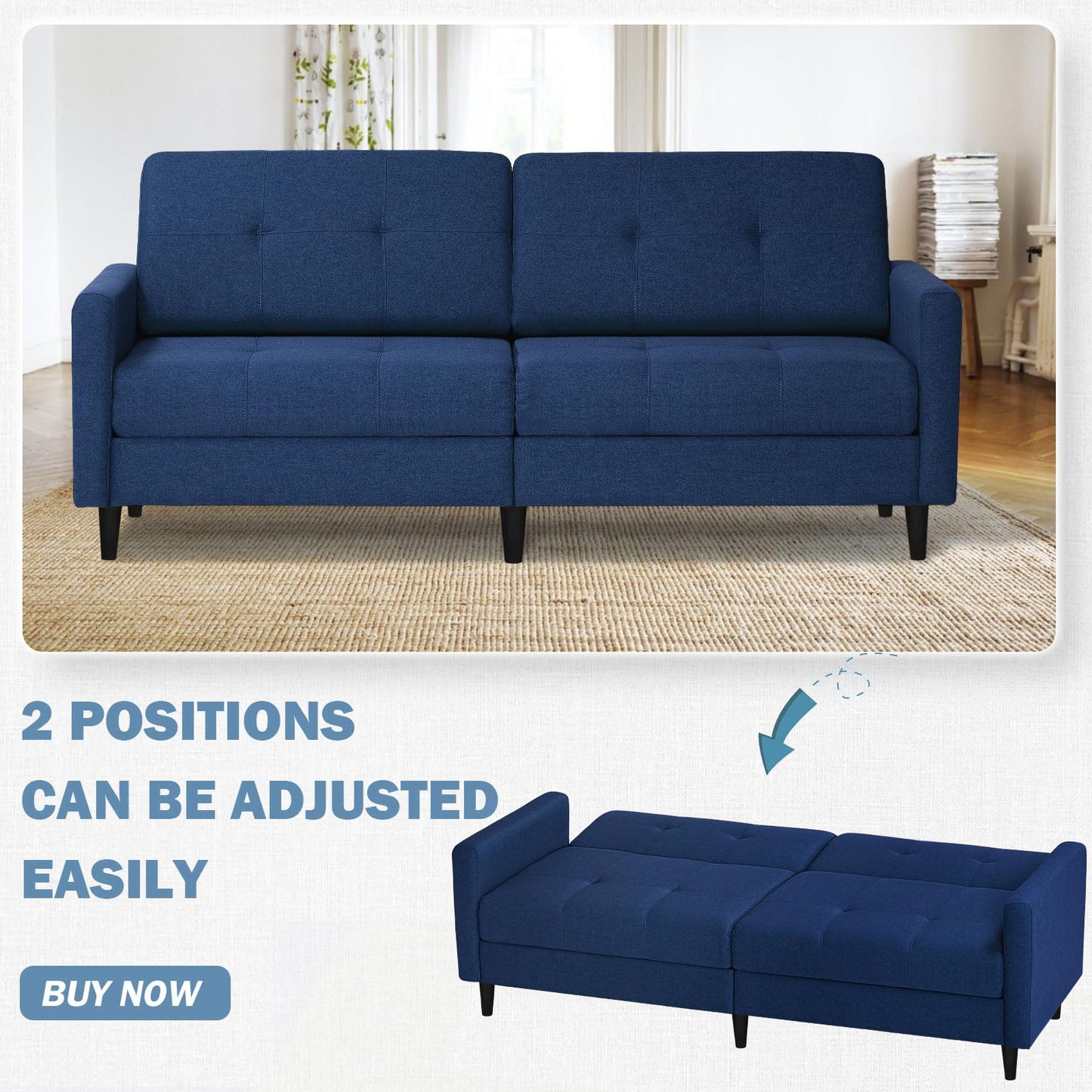 Lesofair 77" Linen Fabric Sofa Bed with Adjustable Backrests, Convertible Loveseat Sofa with Storage Space, Modern Sleeper Couch with Wooden Legs for Living Room, Bedroom, Blue