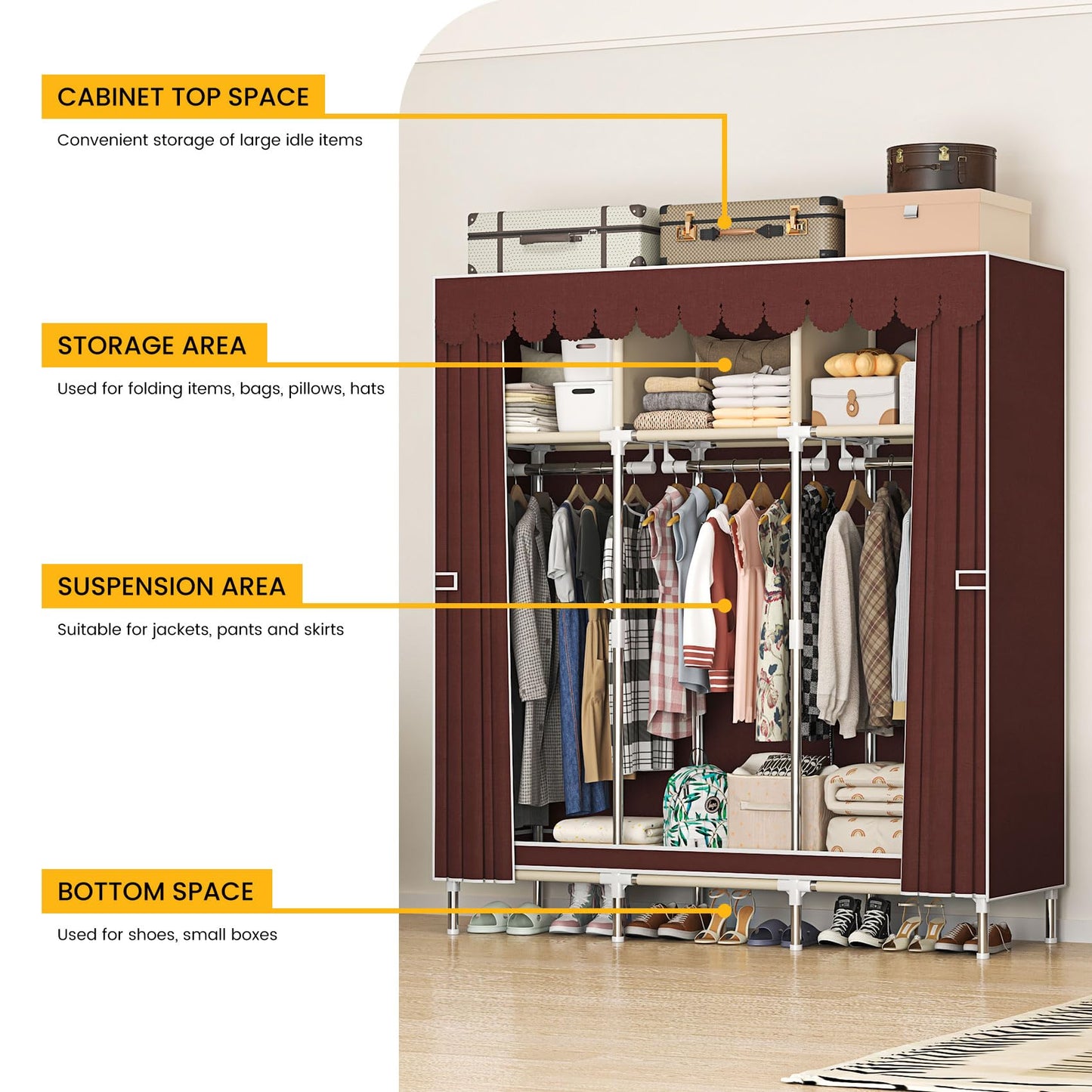 LEAIJIAFY Portable Wardrobe Closet with Metal Frame, Deep Red & Brown Fabric Cover, 3-Tier Storage with Hanging Rod, 3 Storage Area for Clothing,Bedding (Deep Red)