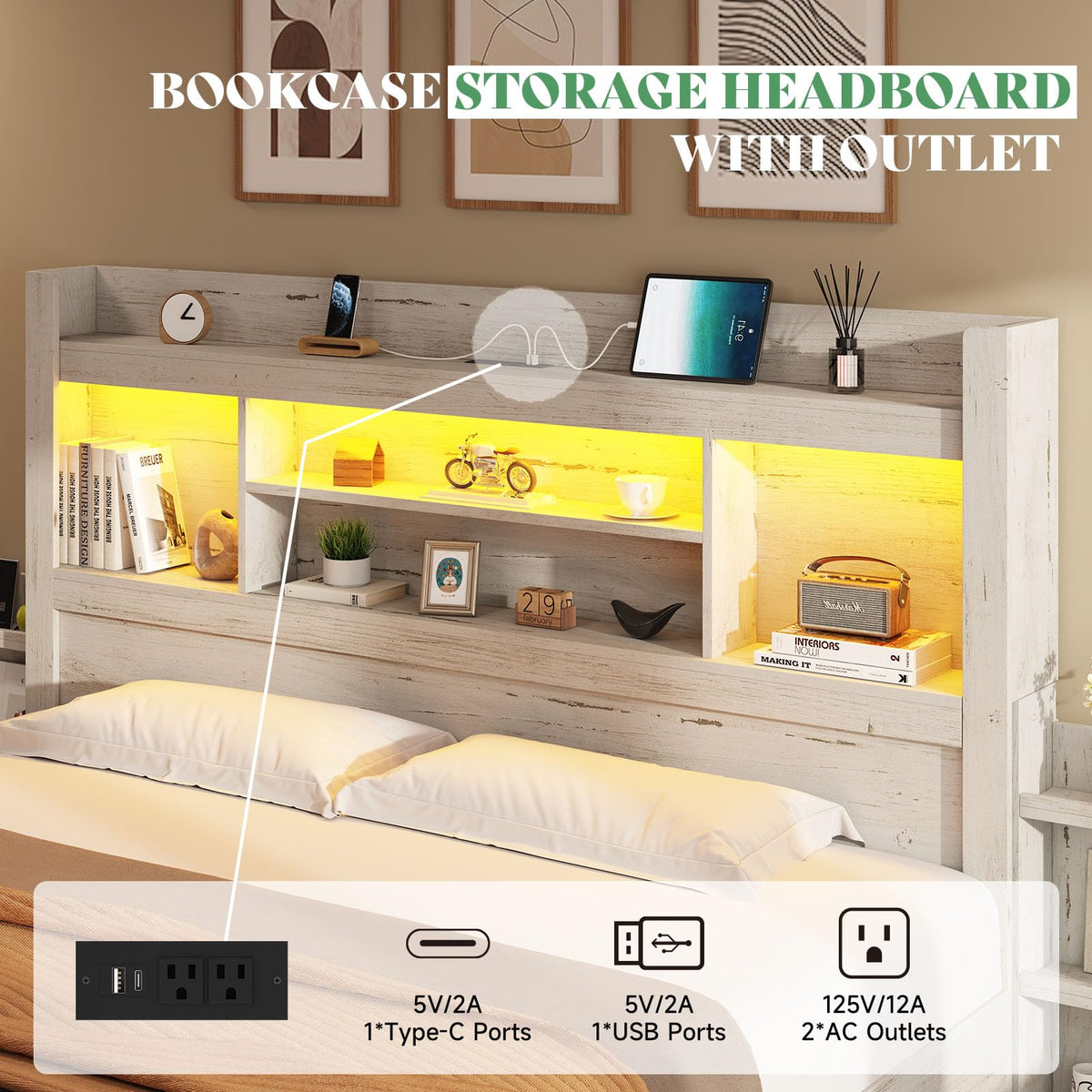 AMERLIFE King Bed Frame with 4 Storage Drawers, LED Bed Frame with 49.6" Tall Bookcase Headboard, Wood Platform Bed with 2 Slide Bedside Shelf & Charging Station, No Box Spring Needed/Distressed White