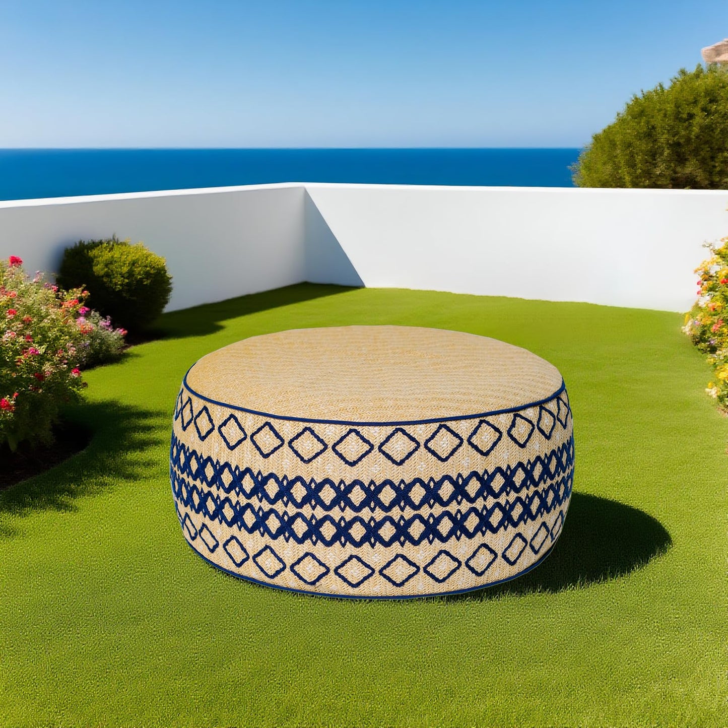 GLADTRAX Outdoor Inflatable Ottoman with Air Pump, Embroidery Patio Footrest Stool D21”x H9”, Round Pouf Ottoman with Portable Handle Suitable for Garden, Camping, Bedroom, Living Room