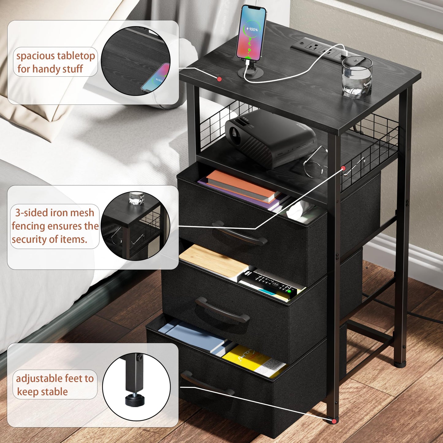LAKEMID Night Stand Set 2 with Charging Station, End Table Set of 2 with 20 Colors LED Light Strip, 3 Fabric Drawers, Bedside Table with USB Ports and Outlets for Bedroom (Black)