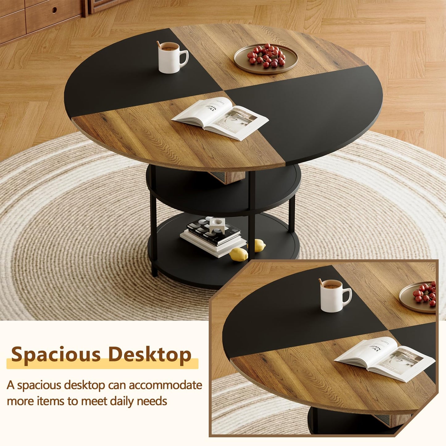 CLLASOU Round Dining Table for 4-6, Dining Room Table with Storage Shelf, Modern Wood Dinner Table with Metal Support for Dining Room, Living Room, Kitchen, Black & Rustic