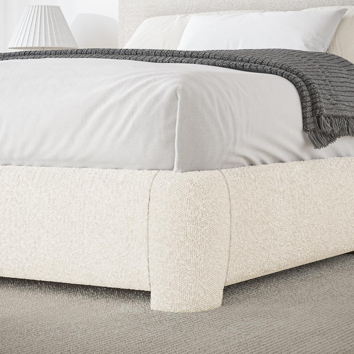 Twin Size Bed Frame, Boucle Upholstered Platform Bed Frame with Headboard, Modern Style, Soft Rounded Corners, No Box Spring Required, Easy Assembly, Cream
