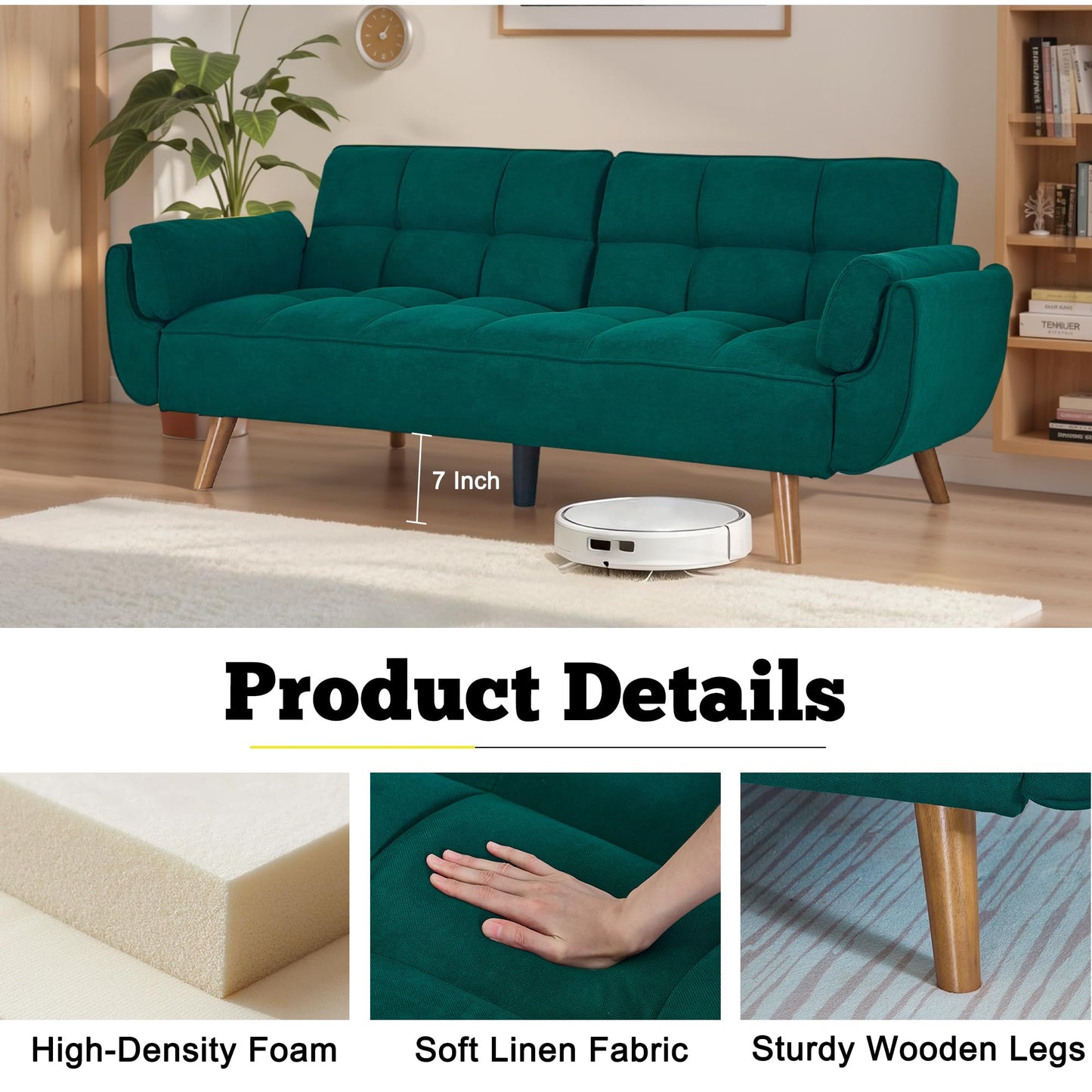 Convertible Futon Couch Bed, Sleeper Sofa Bed with Adjustable Backrests, Linen Loveseat Sofa 3 Seater Comfy Couch for Small Spaces, Living Room, Bedroom(Green, 75")