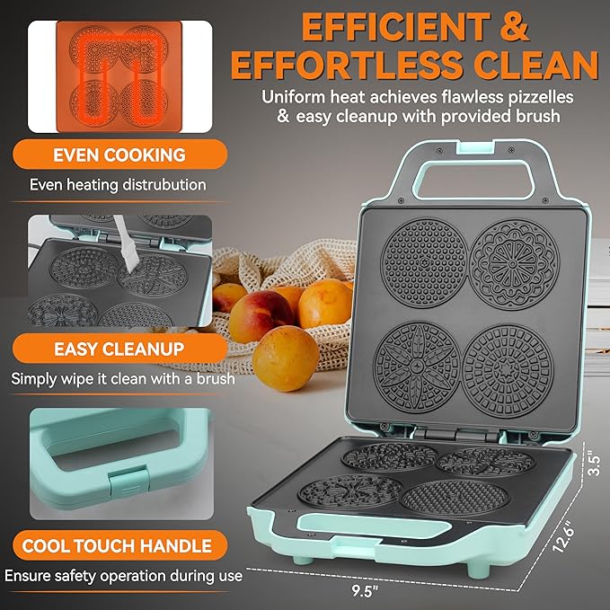 Baker’s Friend Pizzelle Maker Electric, 4 X 3.5” Pizzelle Waffle Cookies for Christmas Baking Supplies, Stroopwafel Iron, Cookie Maker Machine with Pattern, Thin Waffle Maker, Aqua