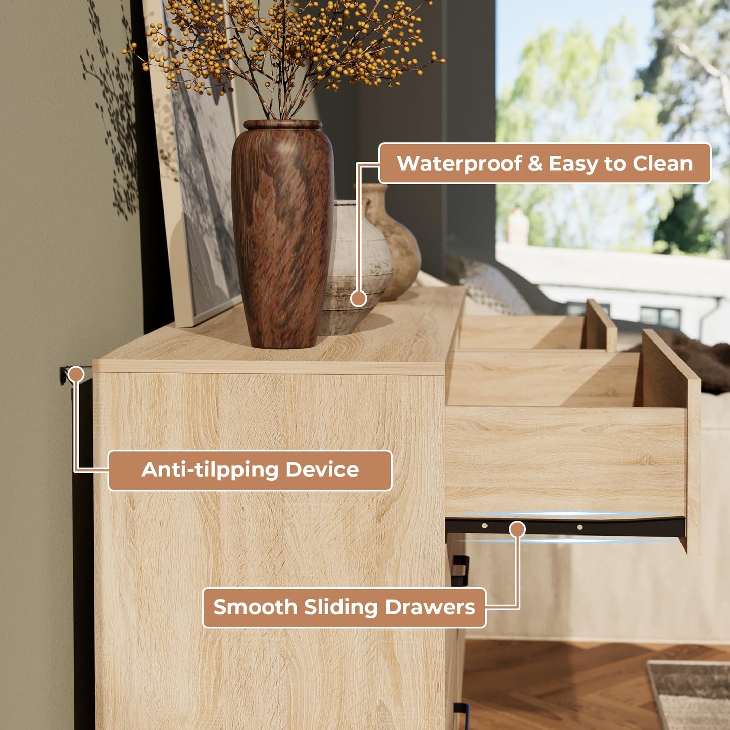 Bigbiglife Wood Dresser for Bedroom, 6 Drawer Dresser with Metal Handles, Mid Century Modern Dresser Double Chest of Drawer (Light Oak)