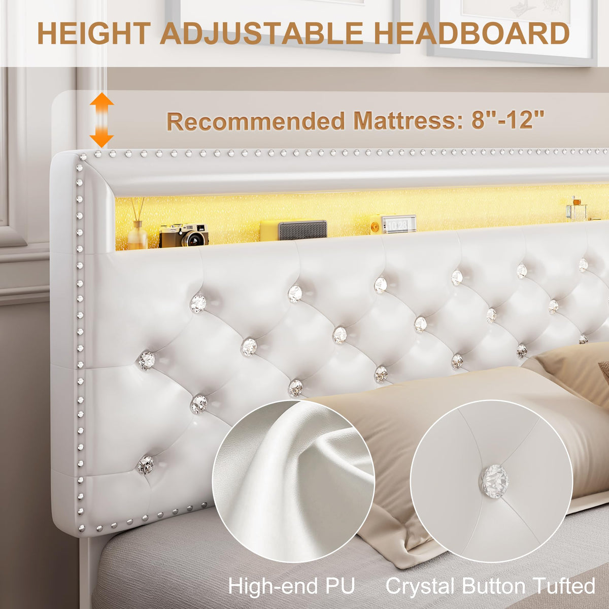 Torana Queen LED Bed Frame with 2 Drawers, PU Upholstered Platform Beds with Adjustable Storage Headboard, Crystal Button Tufted Wingback Bedframe with Wooden Slats, No Box Spring Needed, White