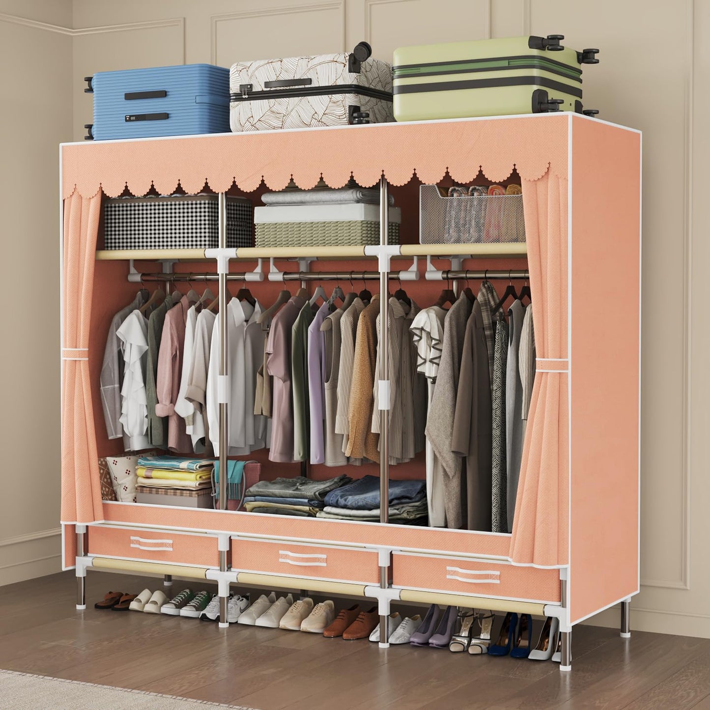LEAIJIAFY Portable Armories Wardrobe, 65" Tall, Metal Frame with Cute Pink Non-Woven Cover, 3 Hanging Areas, Drawers and Shelves,for Small Room Clothing Storage