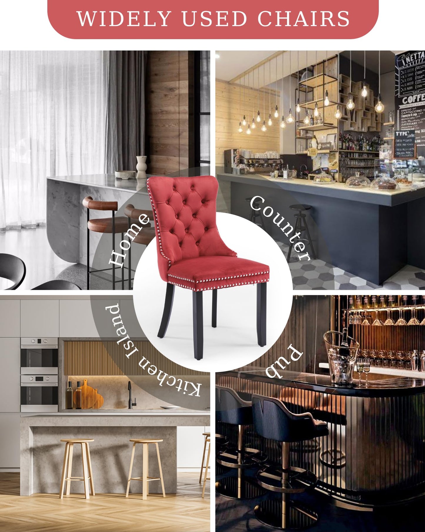 VICBARLEY Velvet Dining Chair Set of 6 Upholstered Tufted Dining Room Chair with Nailhead Trim and Solid Wood Legs for Kitchen, Restaurant,Wine Red