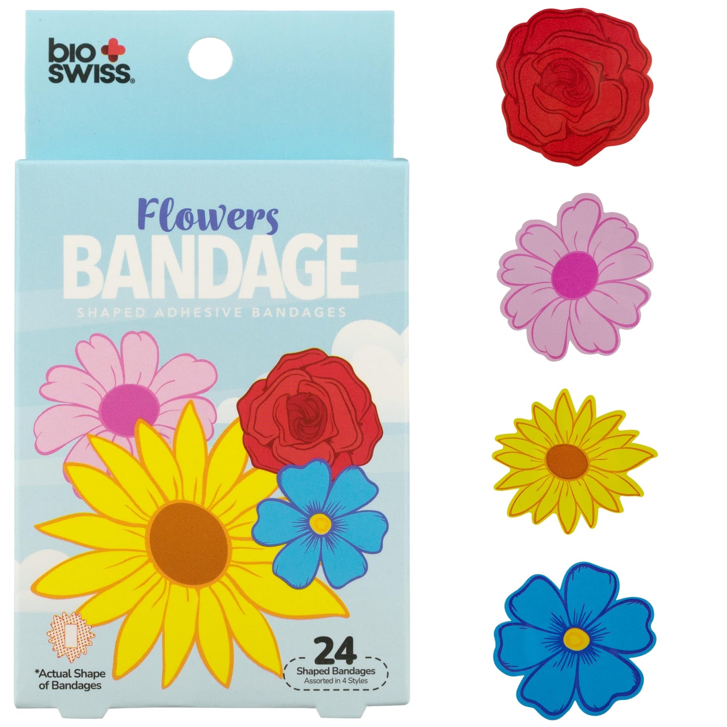 BioSwiss Bandages, Flowers Shaped Self Adhesive Bandage, Latex Free Sterile Wound Care, Fun First Aid Kit Supplies for Kids and Adults, 24 Count