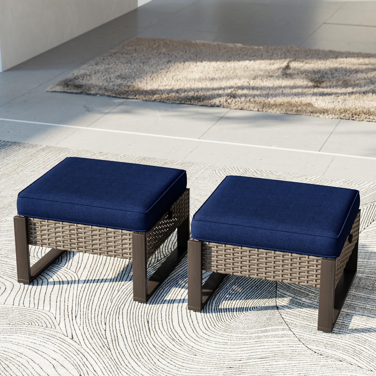 MaxMulti Patio Ottomans Set of 2, Outdoor Wicker Footrest with Thickened Cushions, Multipurpose Metal Patio Furniture for Outdoor, Backyard and Deck Use (Blue)