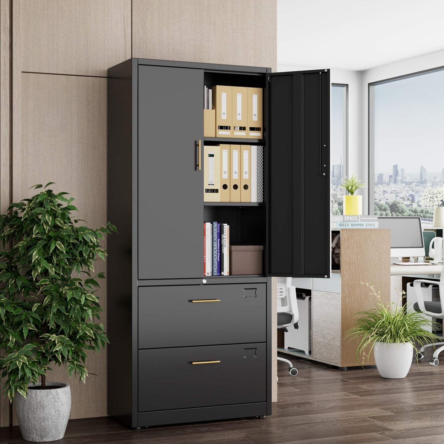 Reemoon Office File Cabinet with 2 Drawers,Metal Filing Cabinet with Doors for Home Office School for Hanging Letter/Legal/F4/A4 Size Folders,Required Assembly,Black