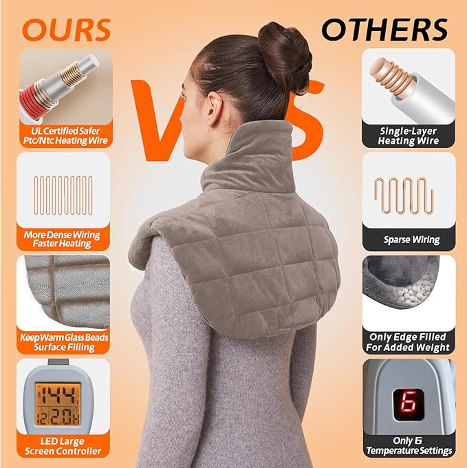 Ambershine 19''x24'' Weighted Neck & Shoulder Heating Pad, 2.5lbs with 12 Temperature Settings& 4 Auto-Off Timers, Pain Relief for Neck/Shoulder/Back, Christmas Gifts for Women Men Mom Dad(Light Tan)
