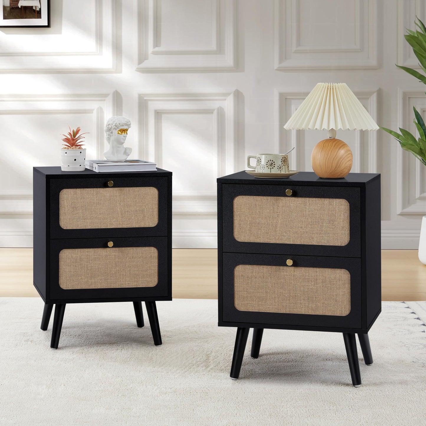 RUSTYER Mid Century Night Stand Set of 2, Modern Nightstand with 2 Drawers & Curved Linen Panel, Farmhouse End Table Wood Bedside Table Small Side Tables for Small Space, Bedroom (Black)