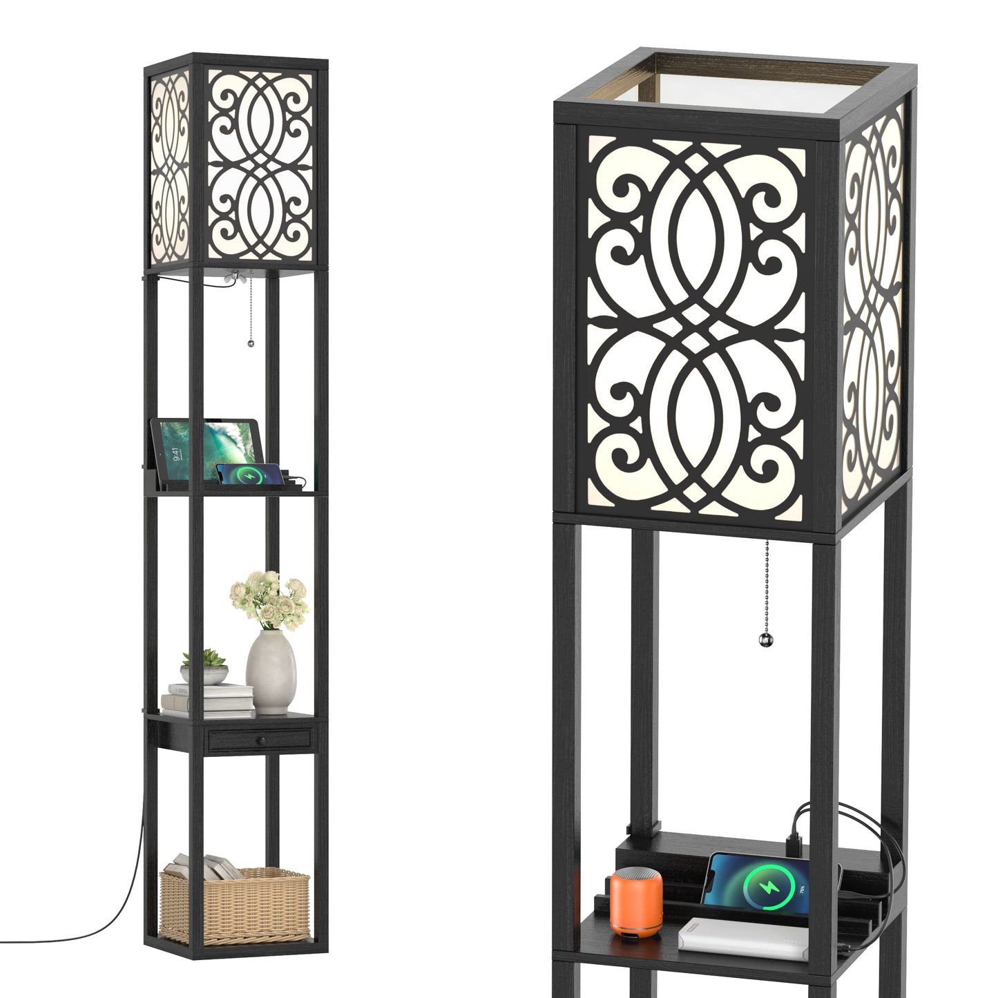 Carved Floor Lamp with 3 Shelves, Tall Standing Light for Bedroom & Living Room, 2 USB Charging Ports Drawer Storage, Stylish Wooden Reading Home Office
