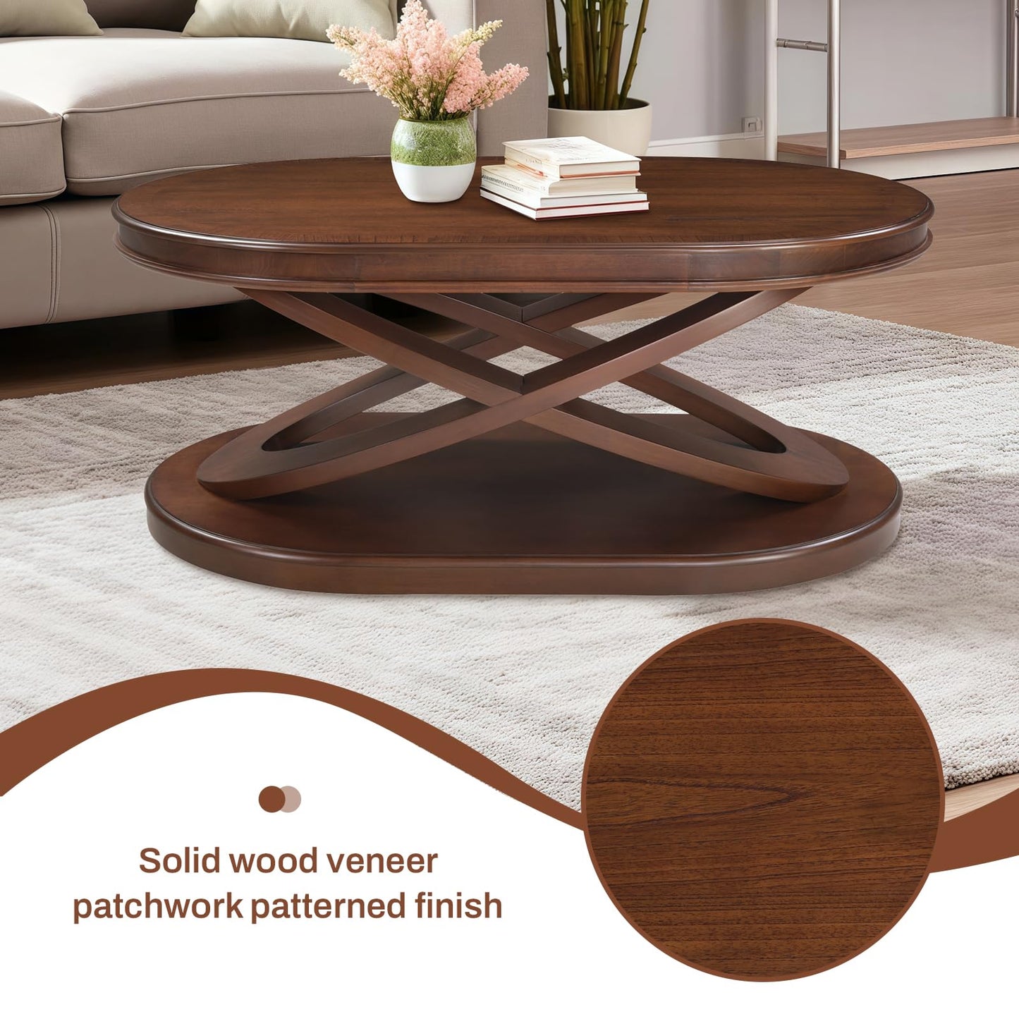 LKTART Wood Coffee Table Set of 3, Oval Coffee Table and Round End Tables Living Room Set of 2, Vintage Side Table with X-Shape Support,Walnut