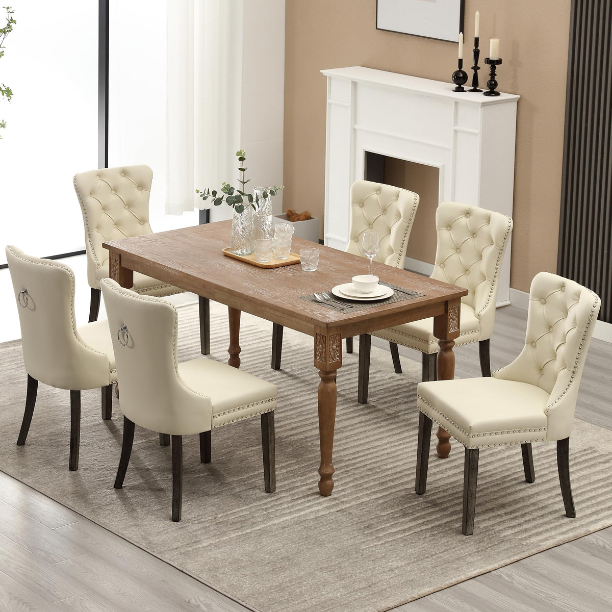 GOOLON PU Leather Dining Chairs Set of 2, Upholstered Button Tufted Dining Room Chairs with Rivet Trim Metal Pull Ring Wood Legs for Kitchen, Restaurant, Beige