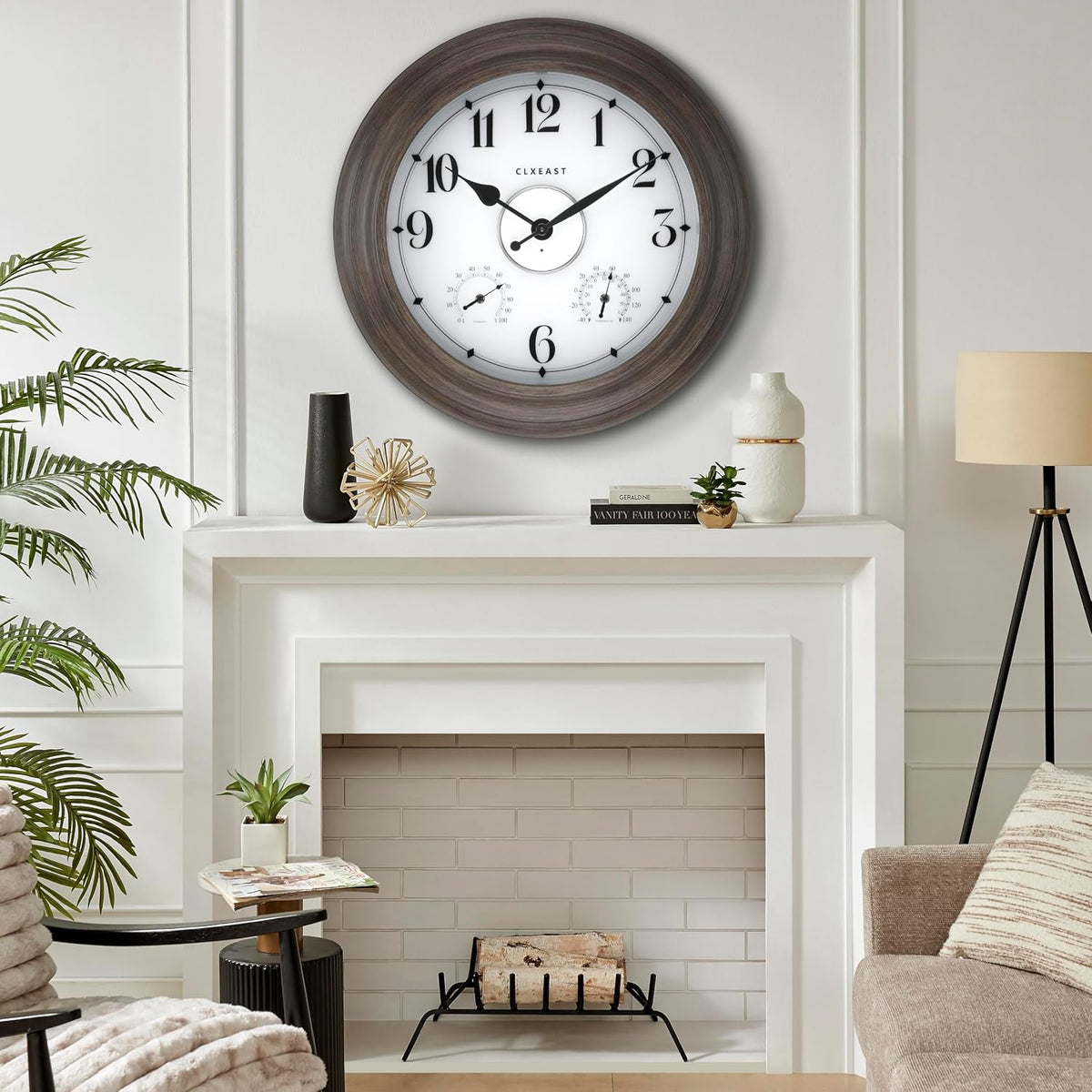 CLXEAST 24" Large Illuminated Outdoor Clocks Waterproof, Gray Oak Finish