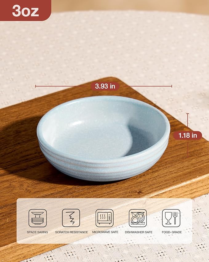 famiware Pluto Soy Sauce Dishes of 6, 3 oz Dipping Sauce Cups/Bowls/Dishes for Kitchen, Ceramic Small Bowls for Side Dish, Appetizers, Snacks, and Sushi, Reactive Glaze, Light Blue