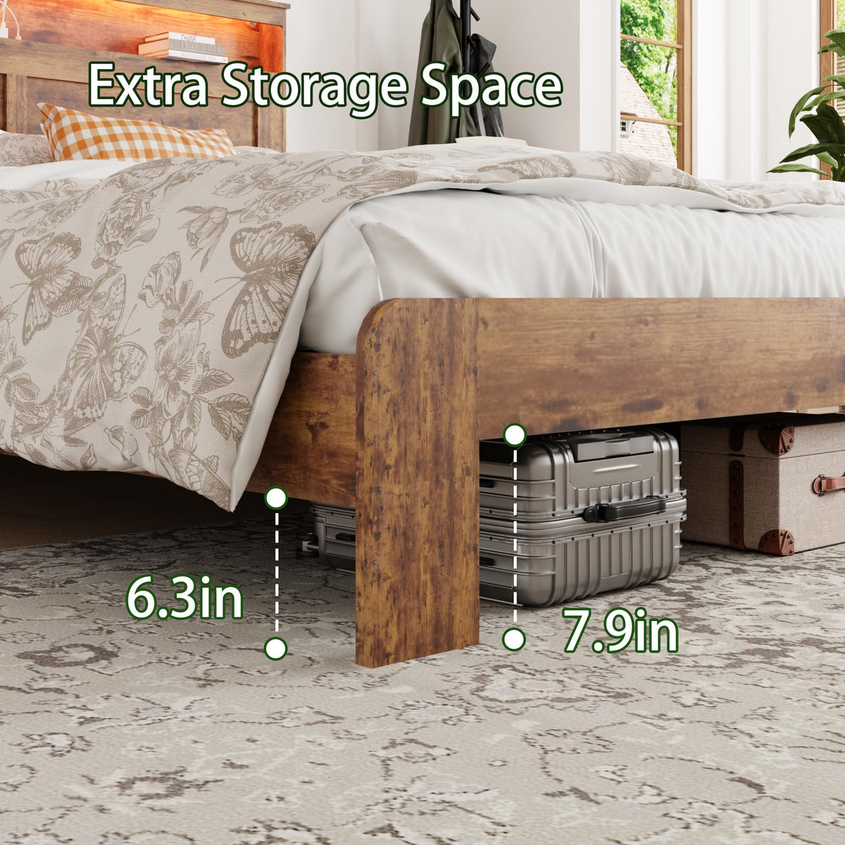 FSTAR King Size Wooden Bed Frame with Headboard, Farmhouse Bedframe with Charging Station & Led Lights, Heavy Duty Metal Slats, Noise Free, No Box Spring Needed, Dark Brown