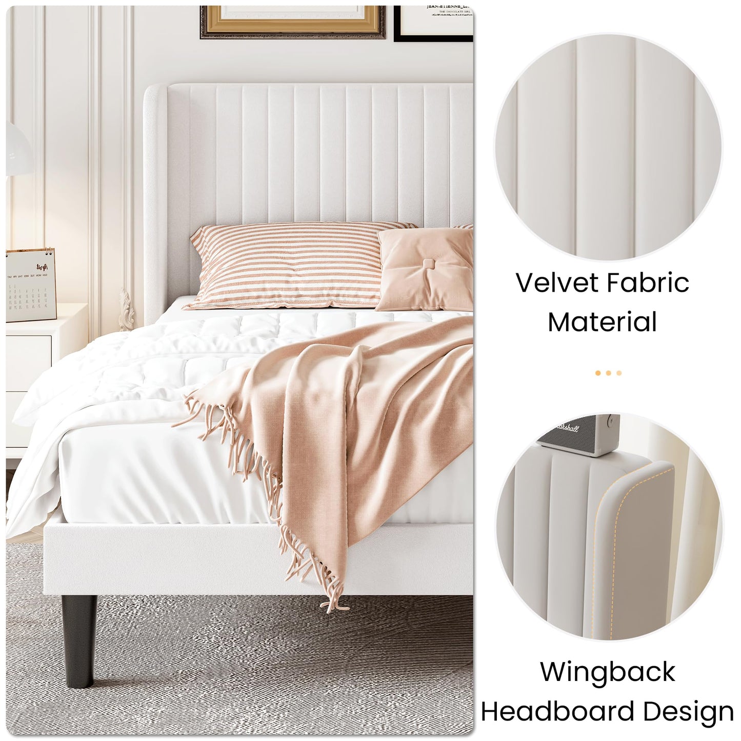 SHA CERLIN Full Size Velvet Bed Frame with Vertical Channel Tufted Wingback Headboard, Upholstered Platform Bed with Wood Slats, No Box Spring Needed, Easy Assembly, White