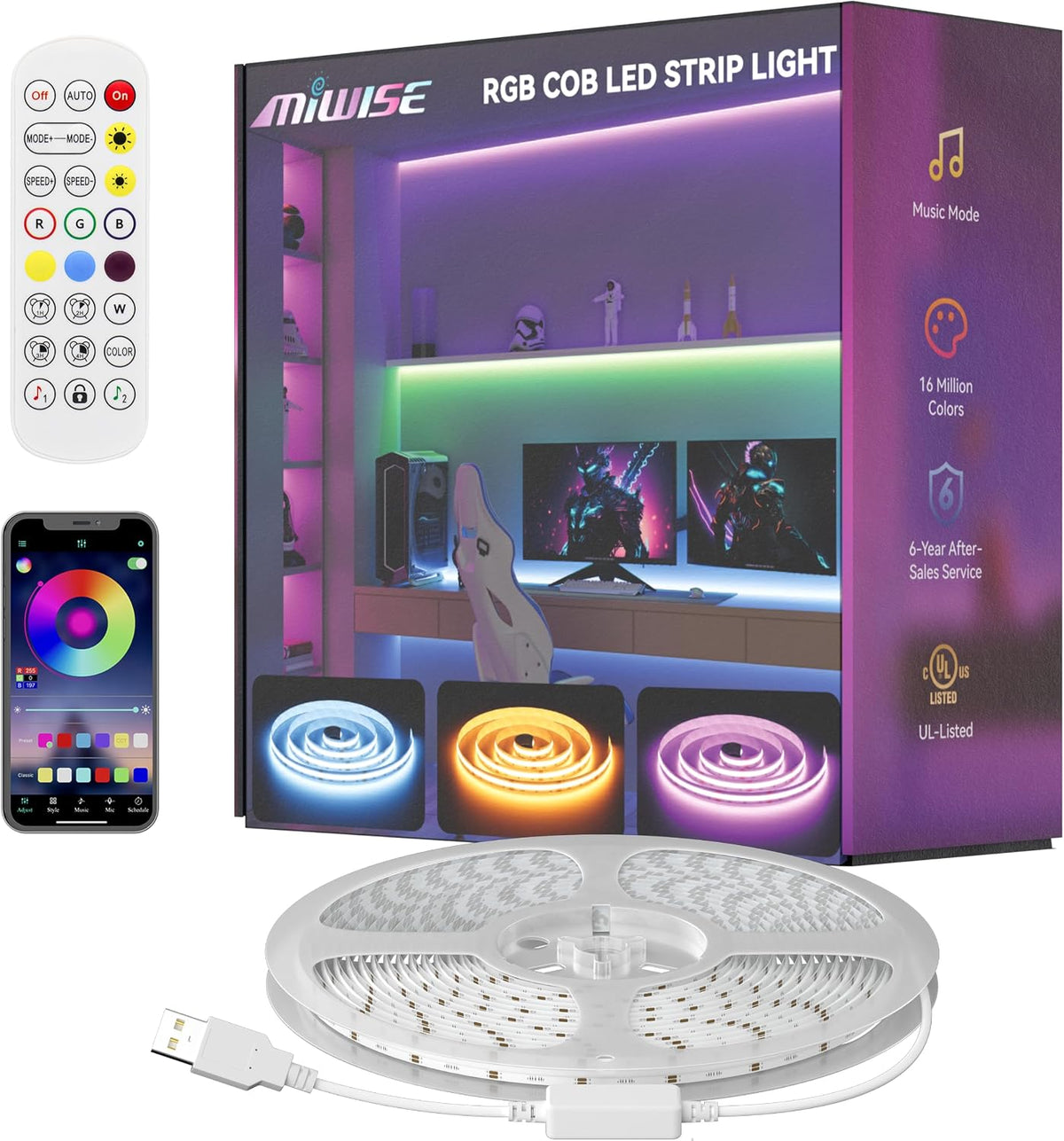 MIWISE 5V USB RGB COB LED Strip Light,9.84ft/3m Tape Lights,RF & App Control,Music Sync,Ultra Bright Color Changing Lighting,UL-Listed,Cuttable & Flexible for Bedroom,Kitchen,Desk,Party,Home Decor