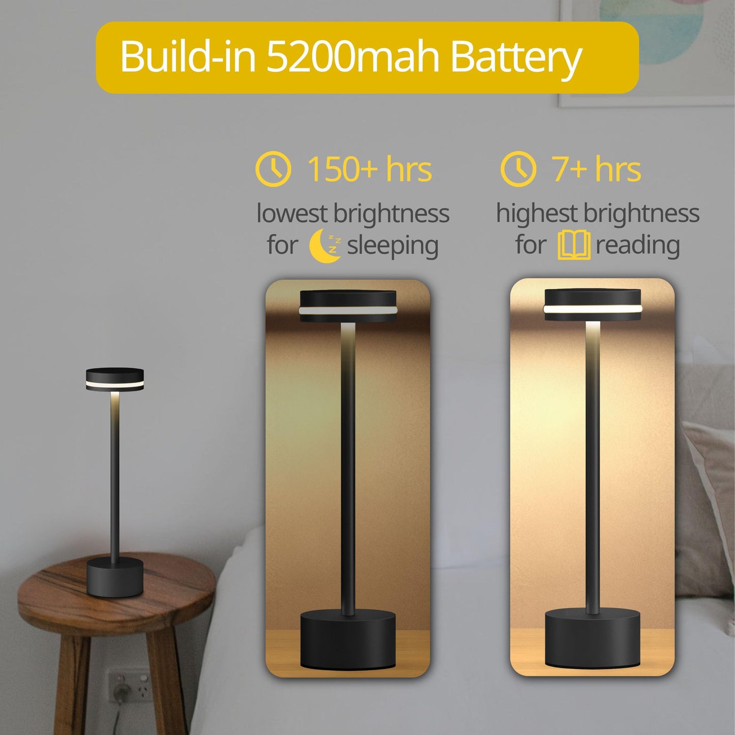 OFiSEXPT Portable Rechargeable Bedside Lamp, Touch Stepless Dimmable, Cordless Table Lamp for Home, Bedroom, Hotel, Restaurant, Bar, Outdoor, 1 Pack (Black)