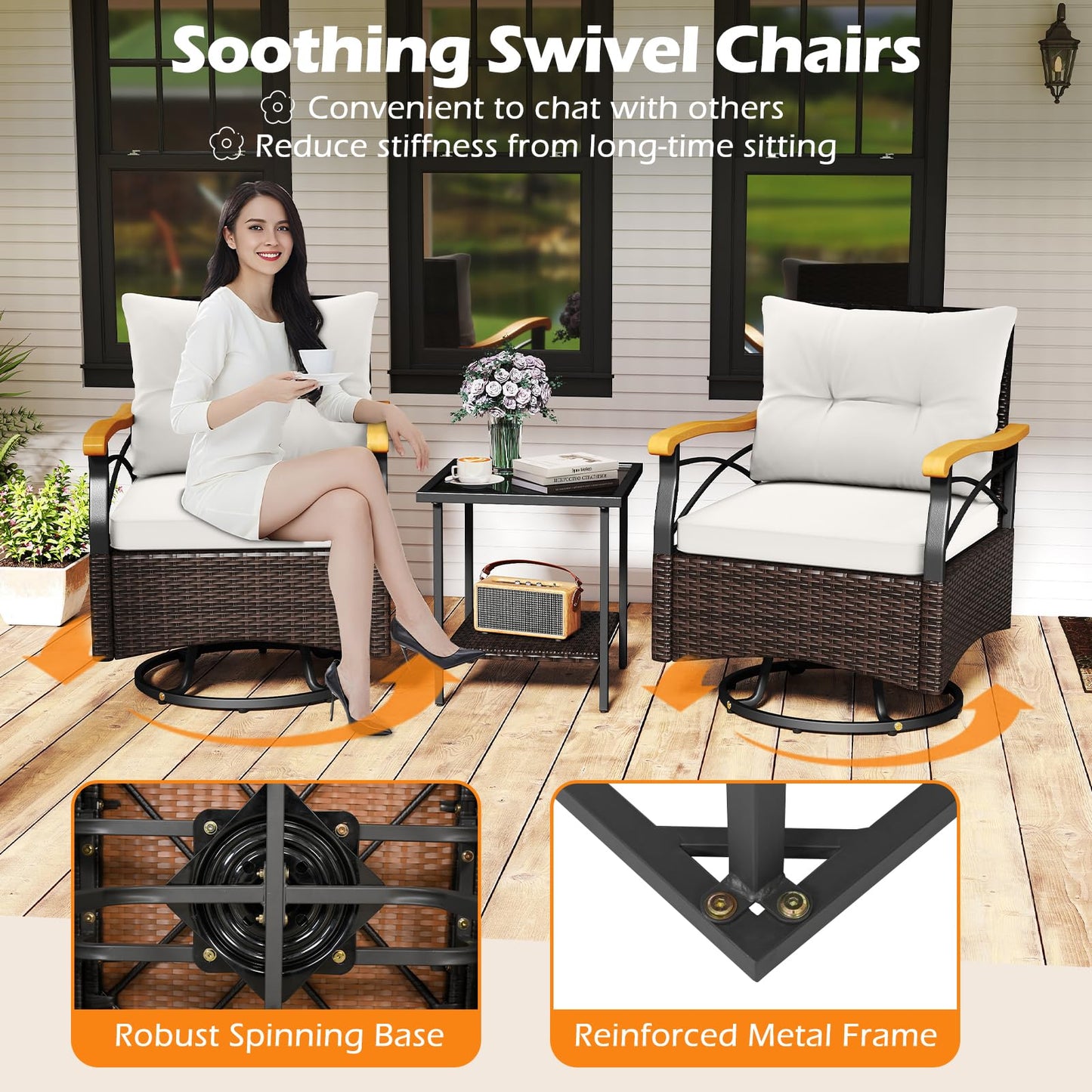 Tangkula 3 Piece Outdoor Swivel Chair Set, Patio Wicker Rotating Cushioned Chairs with 2-Tier Tempered Glass Side Table, for Porch, Yard, Balcony, Garden (Off White)