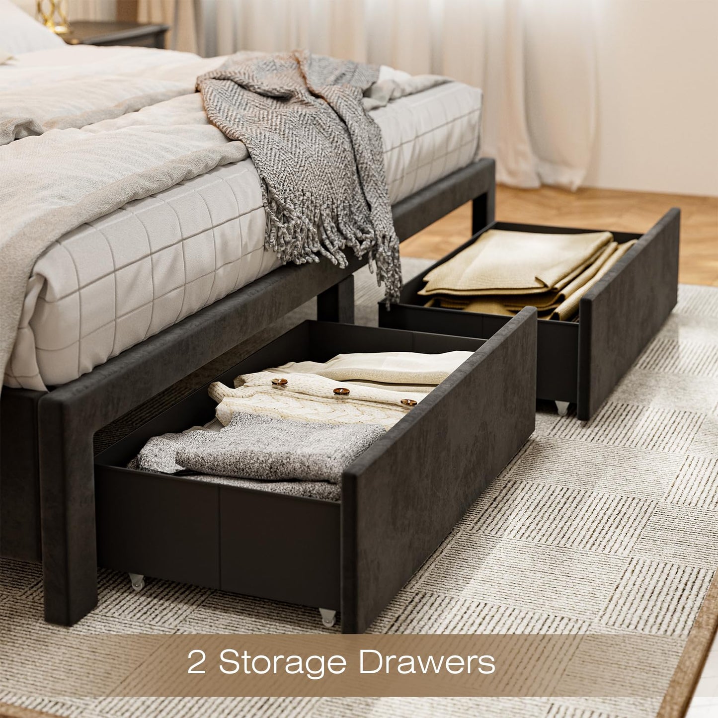 CIKUNASI Upholstered King Size Bed Frame with Headboard and Storage, 60“Tall Bed Frame with 2 Drawers, Tufted Wingback Bed Frame King Size LED Light, Charging Station, No Box Spring Needed